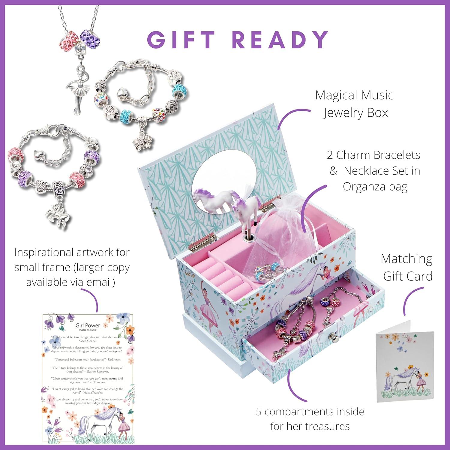 Whimsical Unicorn and Ballerina Musical Jewelry Box with Charm Bracelet Set