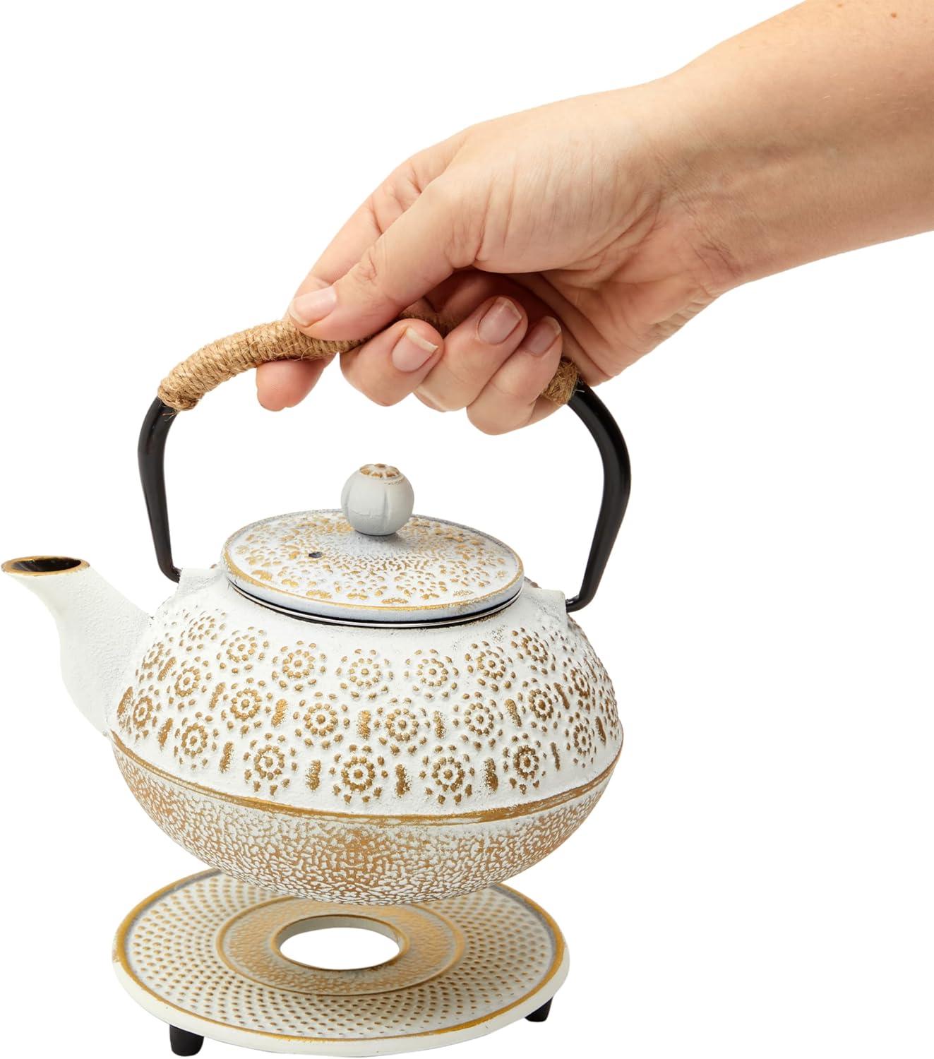 3 Piece Set White Japanese Cast Iron Teapot - Loose Leaf Tetsubin with Handle, Stainless Steel Infuser, and Trivet (27 oz, 800 ml)