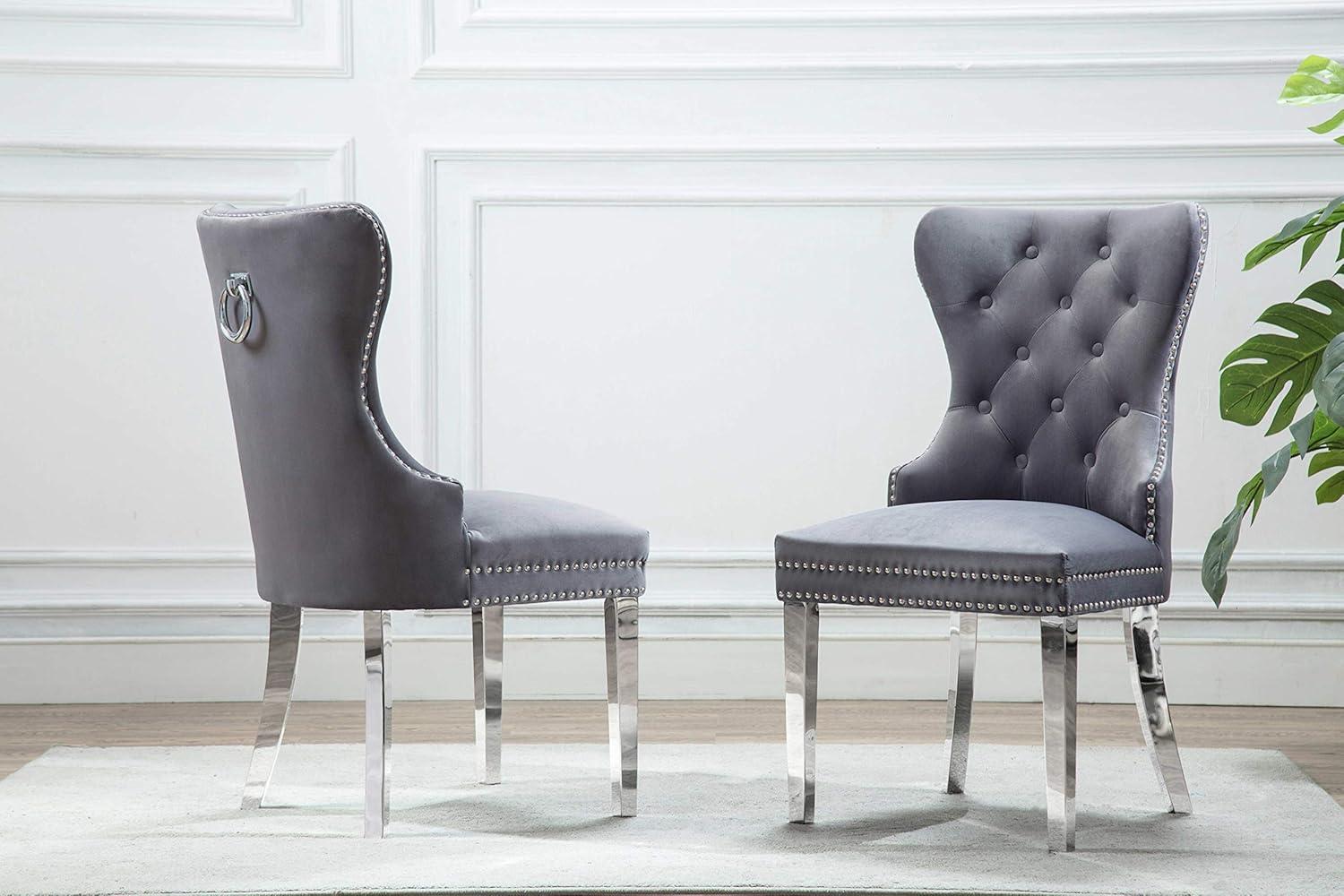 Tufted Dark Gray Velvet Side Chairs with Silver Stainless Steel (Set of 2)