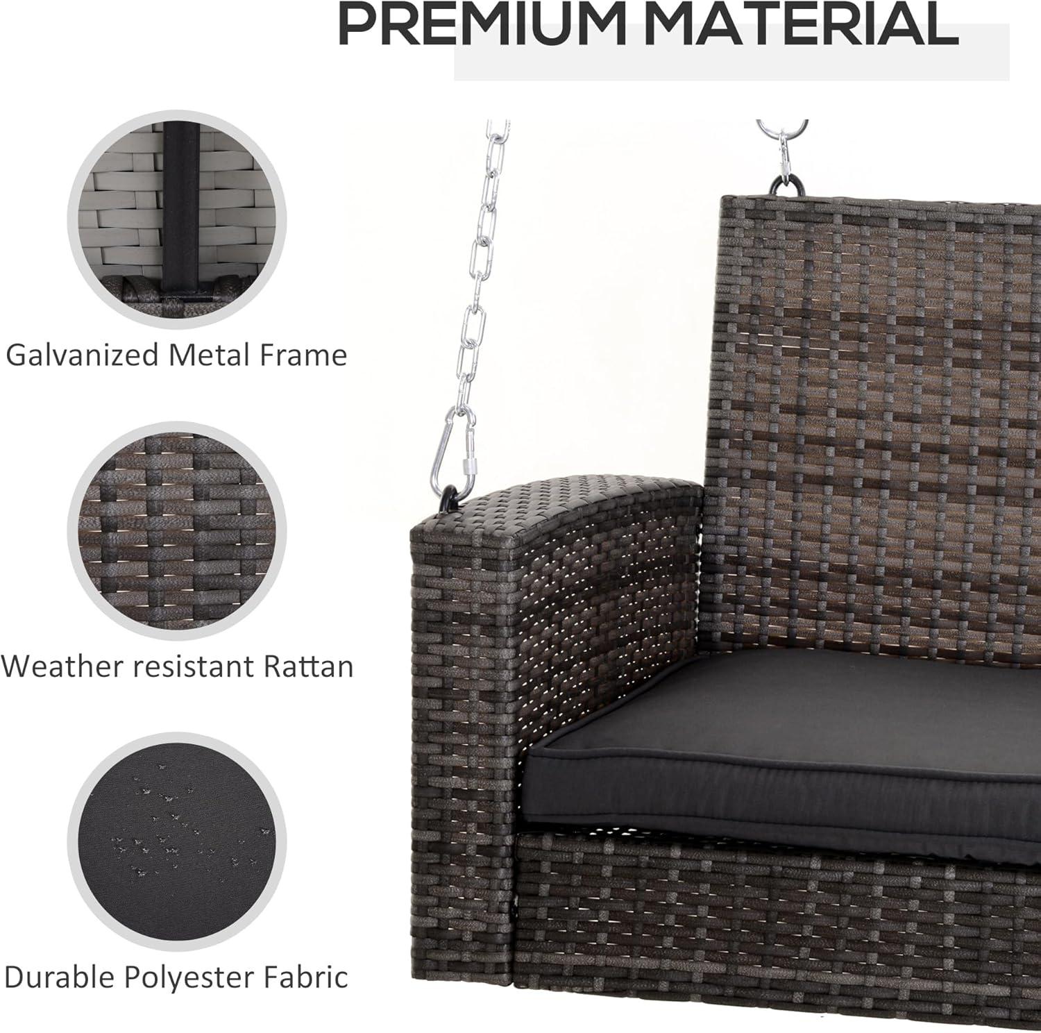 Outsunny 2-Person Wicker Hanging Porch Swing Bench, Front Porch Swing Outdoor Chair with Cushions 550lbs Weight Capacity for Backyard, Garden, gray