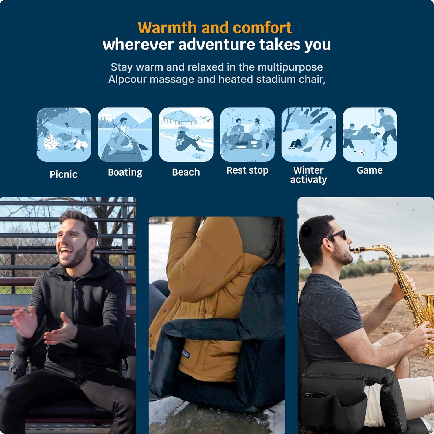 Black Heated Massage Reclining Stadium Seat with Armrests and Pockets