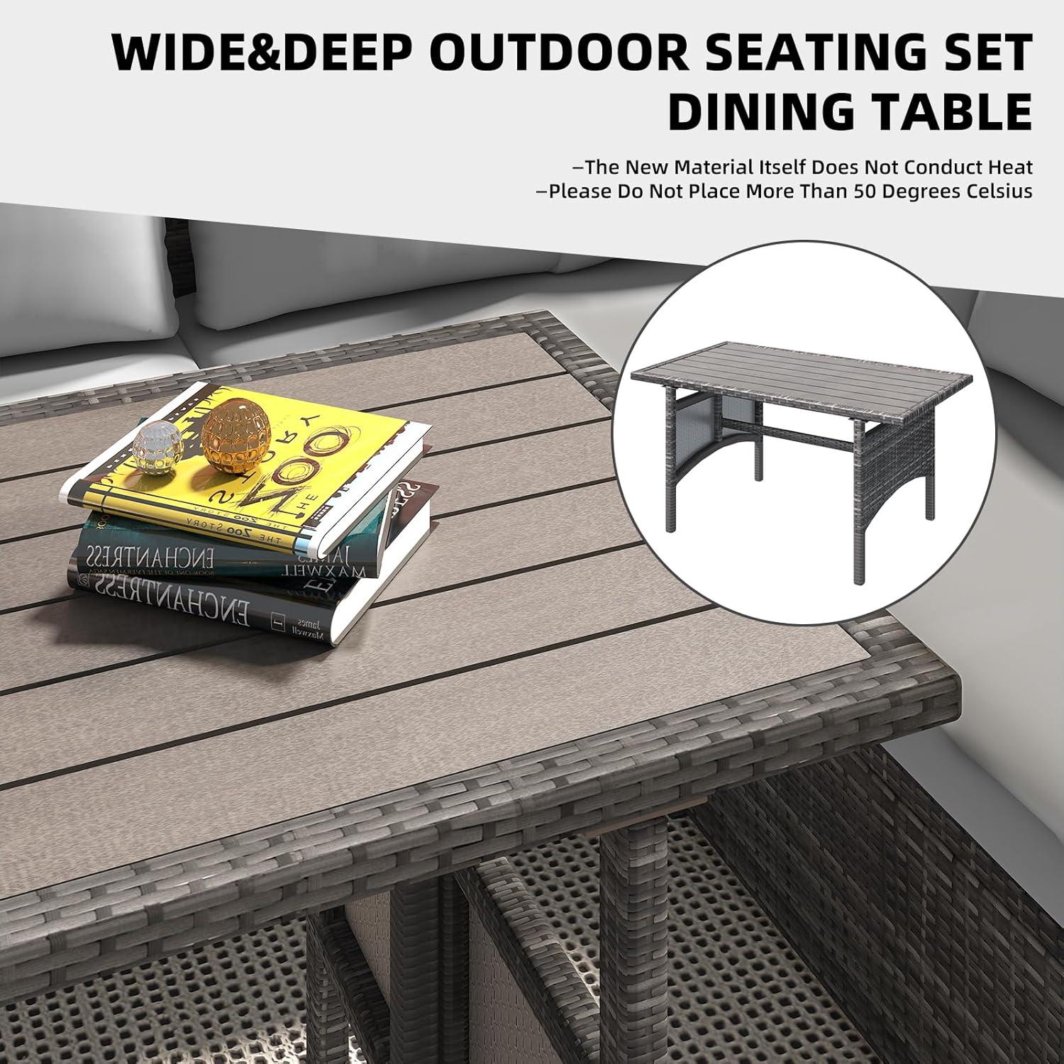 AECOJOY Patio Furniture Set, 7 Pieces Outdoor Patio Furniture with Dining Table&Chair, All Weather Wicker Conversation Set with Ottoman, Grey Rattan&Grey Cushion