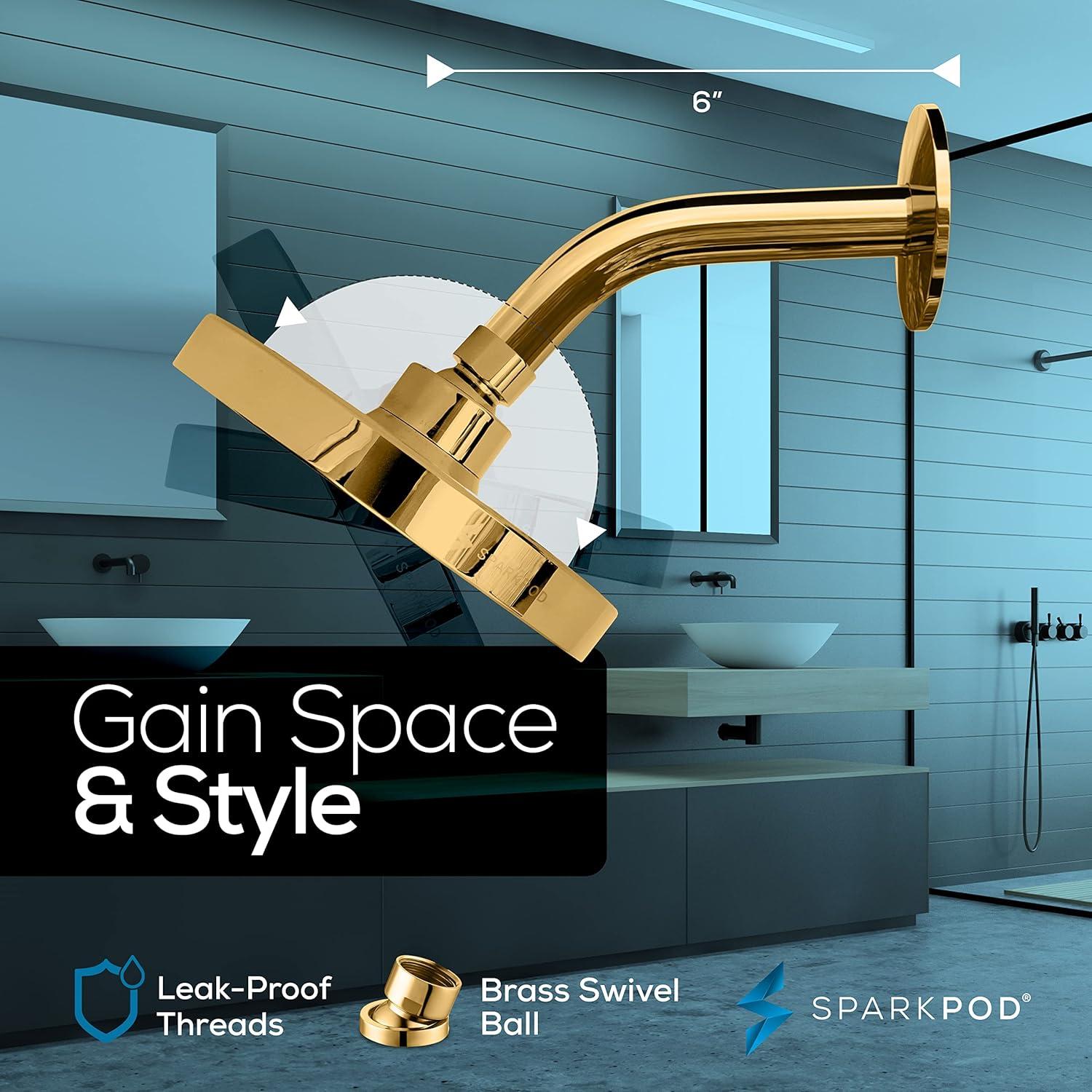 SparkPod 6" Rain Shower Head with 6" Shower Arm - High Pressure Rain - Luxury Modern Look - No Hassle Tool-less 1-Min Installation - Water Saving Shower Head - Luxury Spa Experience (Egyptian Gold)