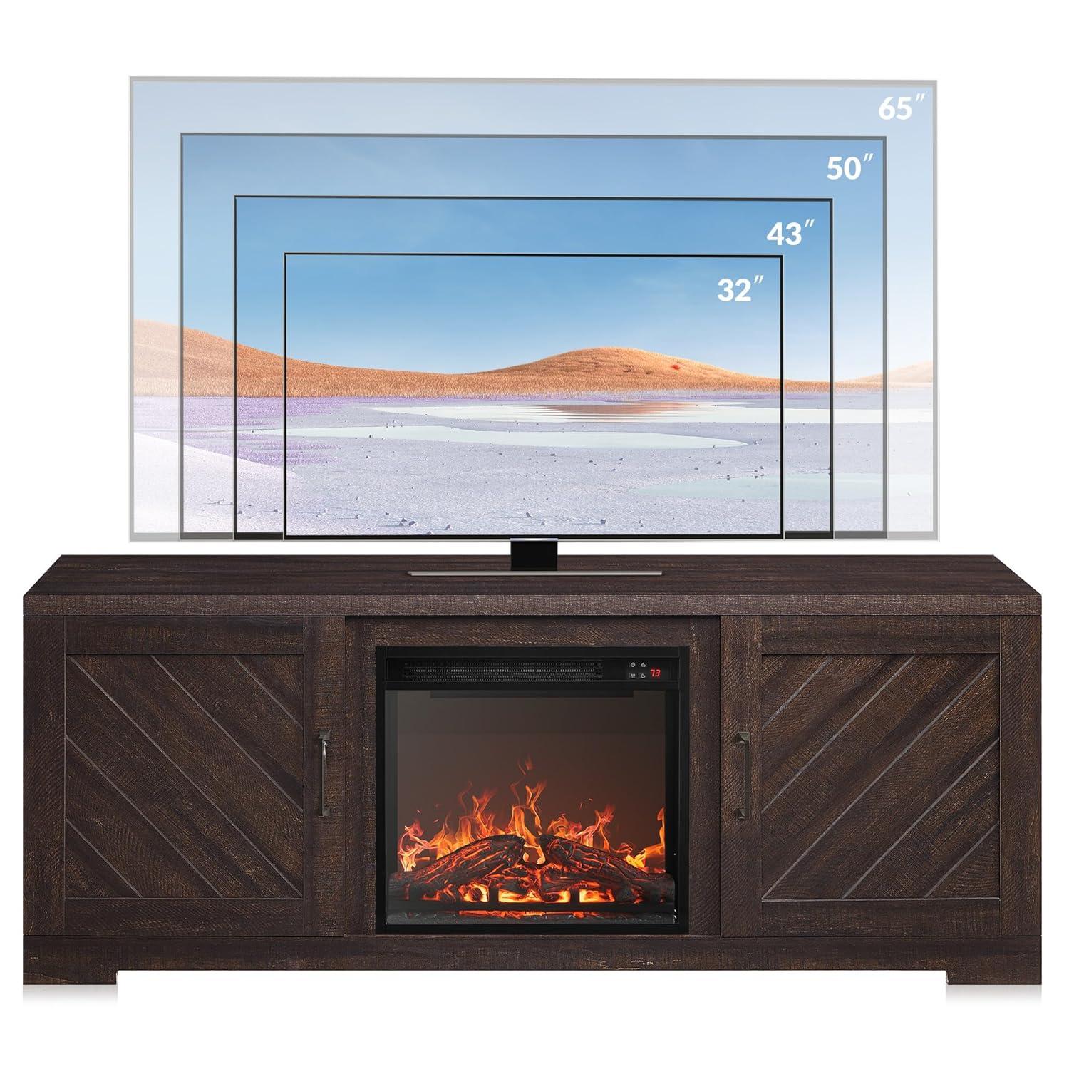 BELLEZE 58" Farmhouse TV Stand Media Entertainment Center For TVs up to 65" with 18" Fireplace - Hilo (Espresso)