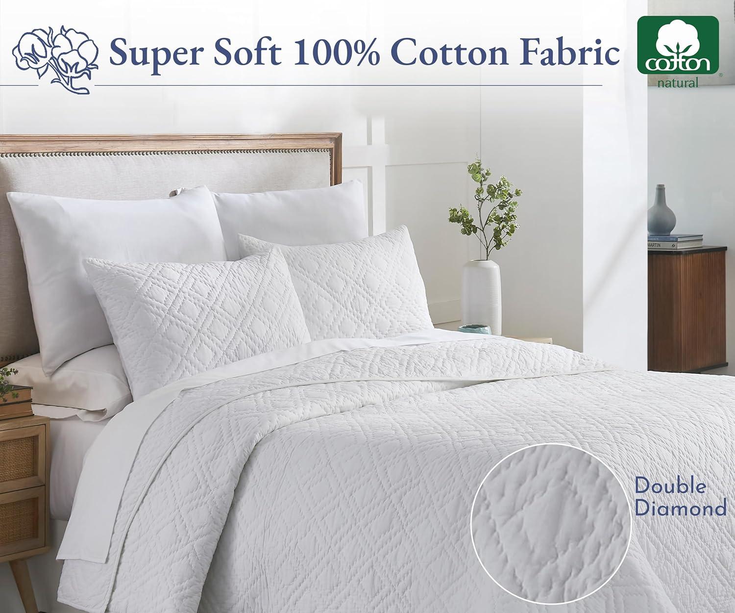 Luxury 100% Cotton Quilt Set, Hand-Quilted, Pre-Softened, Diamond Pattern by California Design Den - White, King