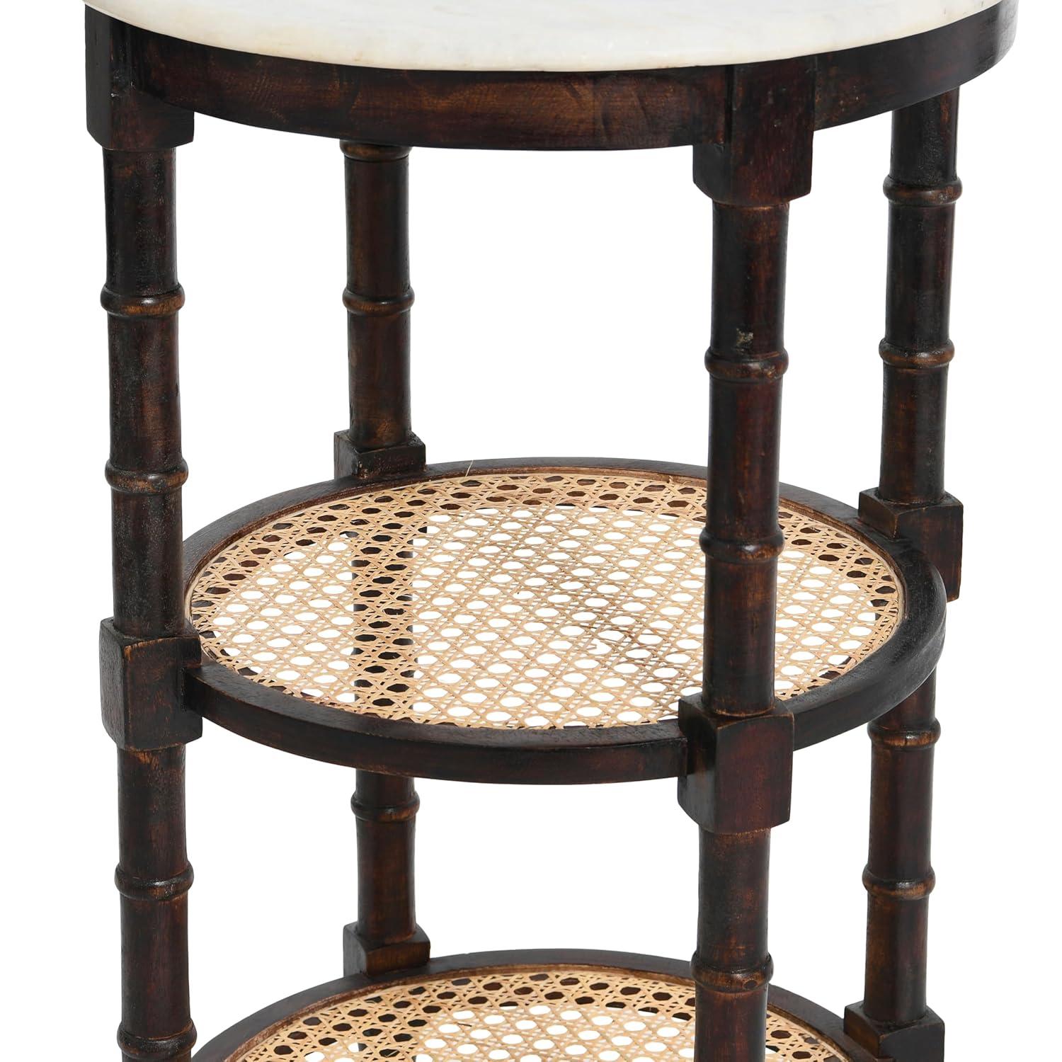 Creative Co-Op Round Solid Wood End Table with Genuine Marble Top and 2 Woven Cane Storage Shelves, Brown Stain and Natural