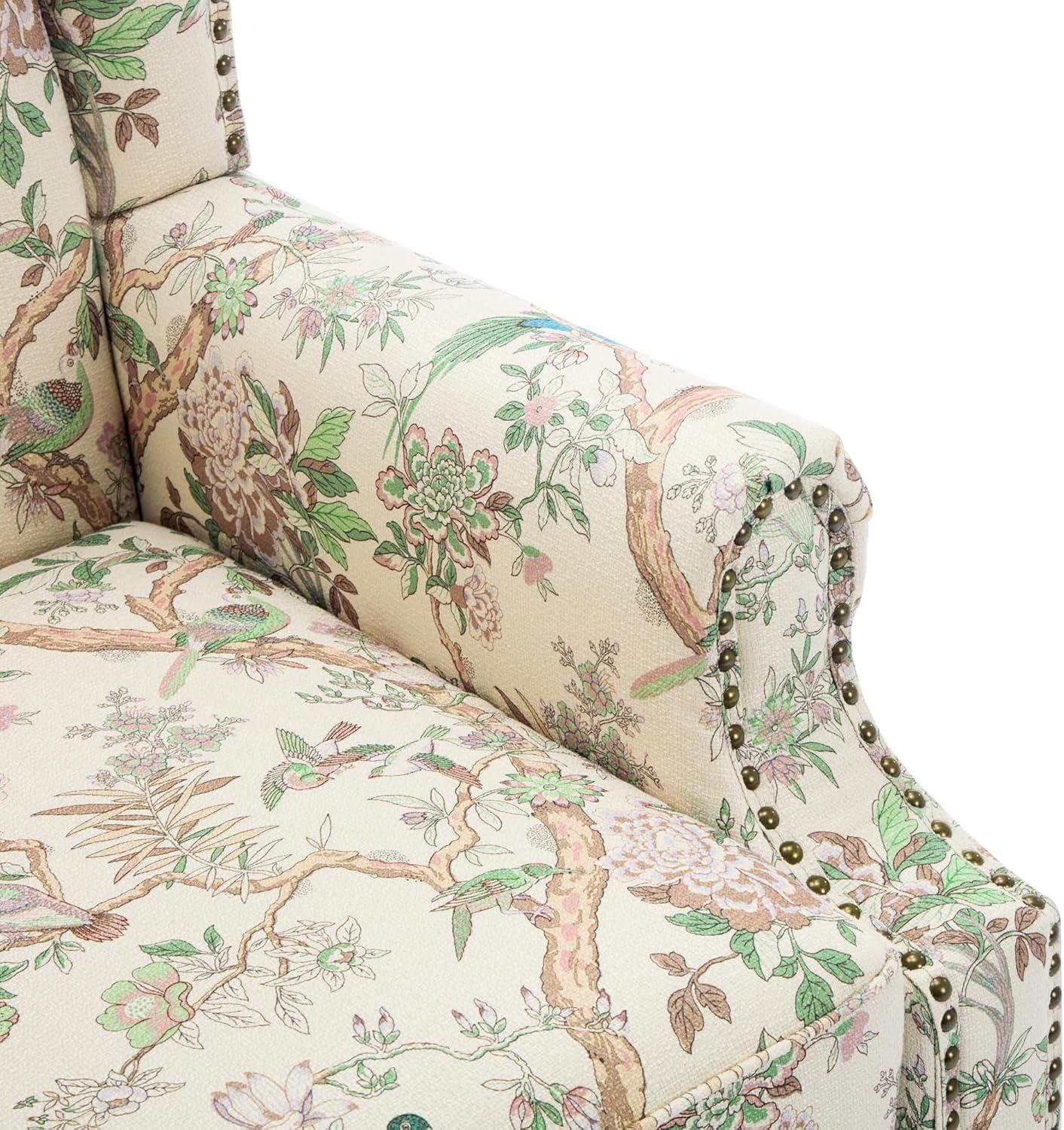 Bird Pattern Linen Upholstered High Back Accent Arm Chair with Nailhead Trim(Set of 2)