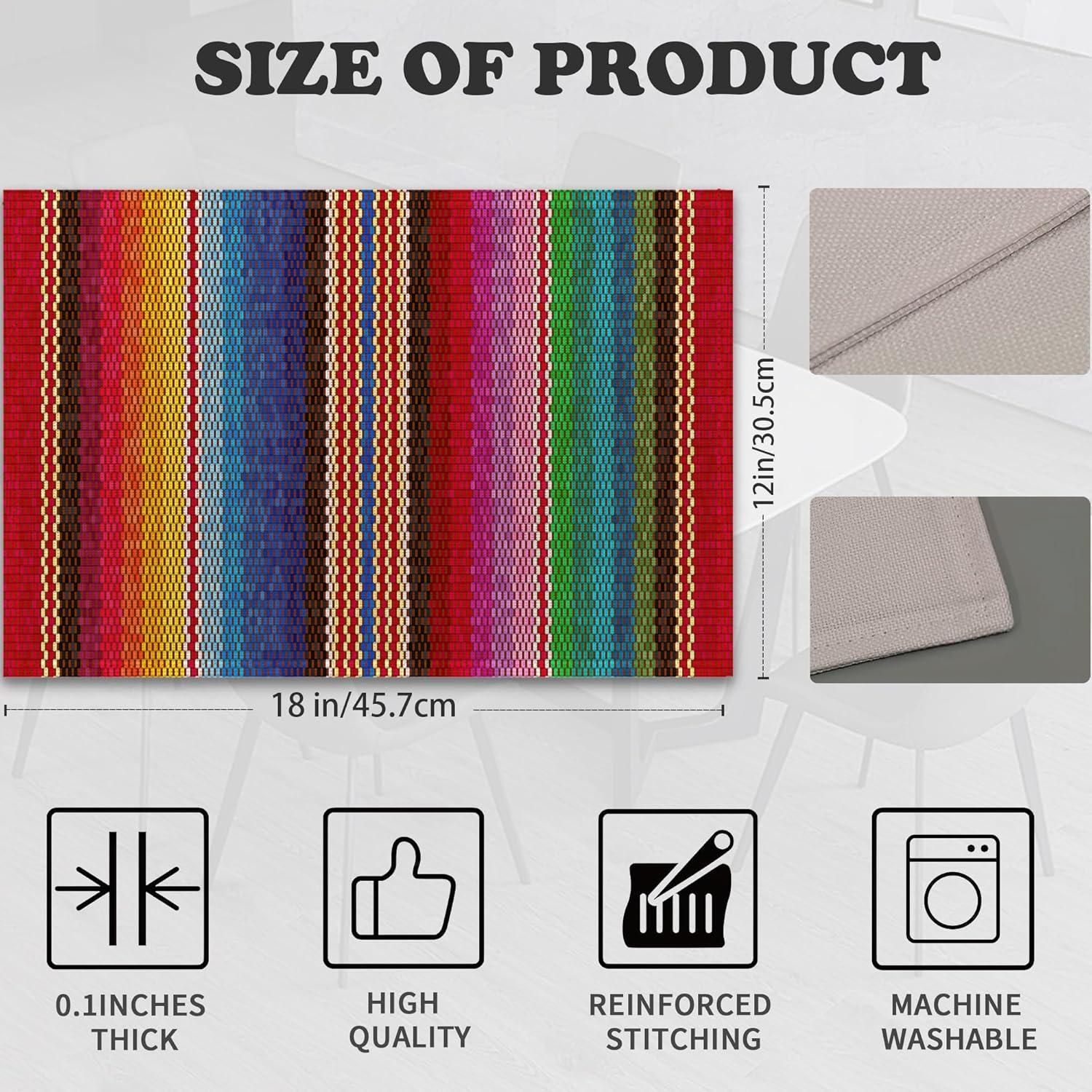 Rainbow Colorful Stripe Mexican Placemats Set of 6,Ethnic Mexican,Waterproof Non-Slip Washable Table Mats Set for Kitchen Dining Holiday Party Wedding Decor 12x18 Inch
