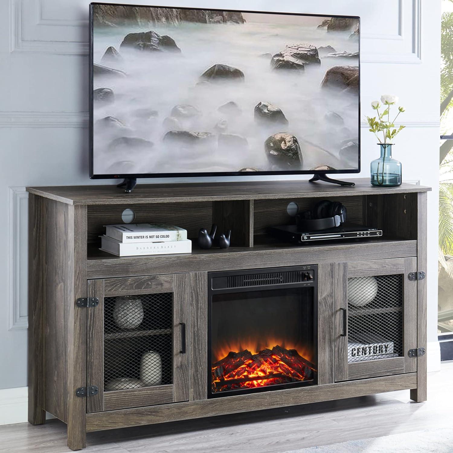 Modern 65" Fireplace TV Stand Farmhouse TV Stand with 23''Electric Fireplace,Storage Cabinet and Adjustable Shelves for Living Room Bedroom(Gray)