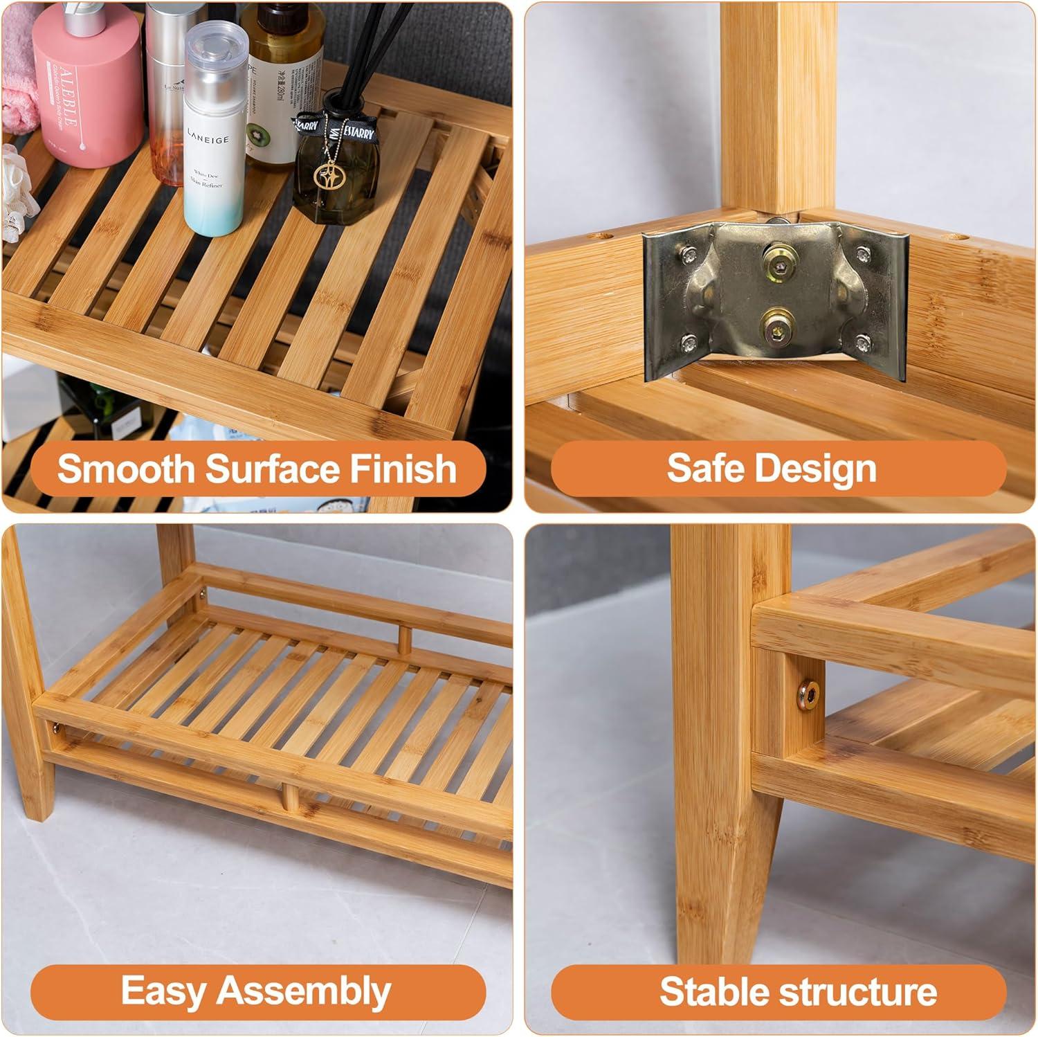 Zoopolyn Bamboo Shower Bench Seat with Storage Shelf Shower Stool Chair for Shaving Legs in Bathroom & Inside Shower Natural