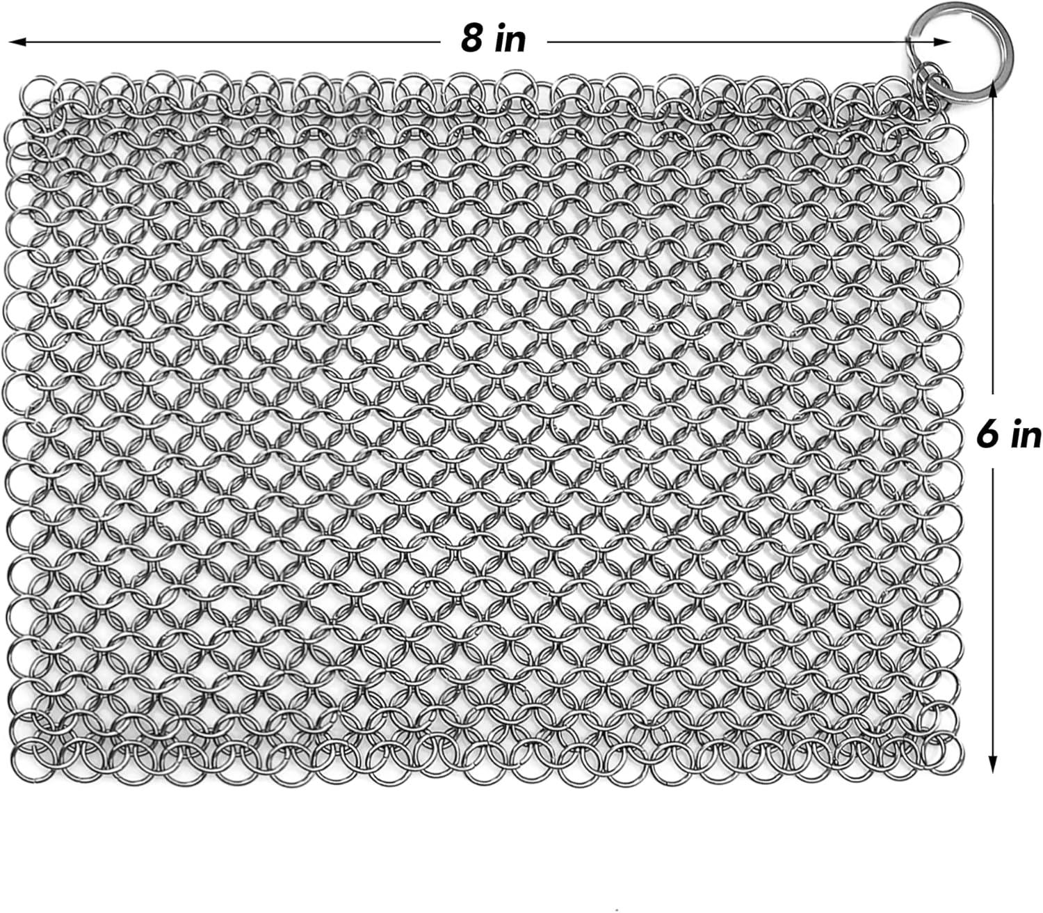 Cast Iron Scrubber 316 Stainless Steel Skillet Cleaner 8"x6" Chainmail Scrubber Scraper Chain Mail Link Scrub for Cast Iron Pre-Seasoned Pans, Griddles, BBQ Grills, and Pot Cookware Cleaning