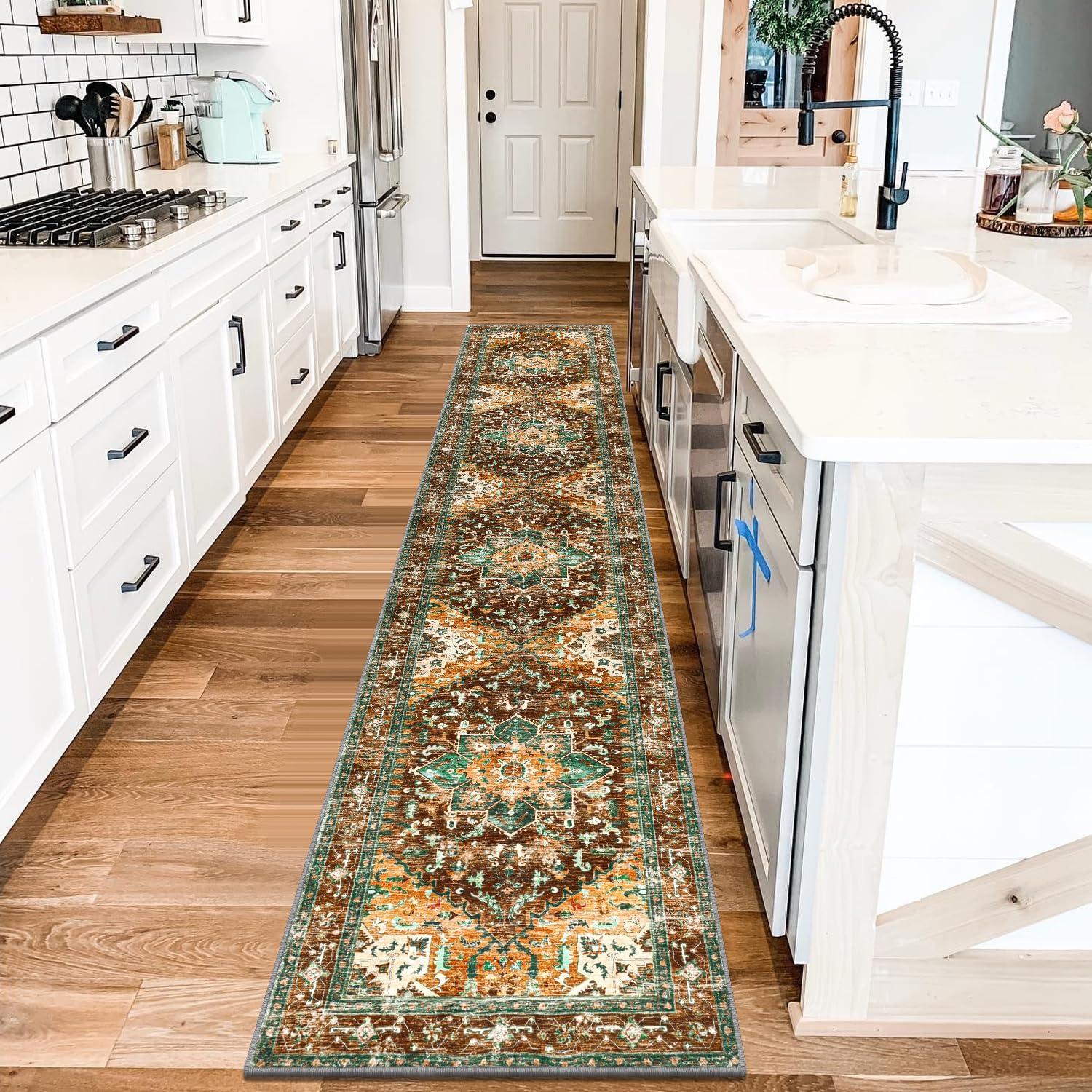 Yamaziot Washable Runner Rug, 2x10 Non-Slip Boho Vintage Hallway Rug Runner with Rubber Backing, Stain Resistant Distressed Carpet Runner for Bedroom, Kitchen, Laundry, Entrance