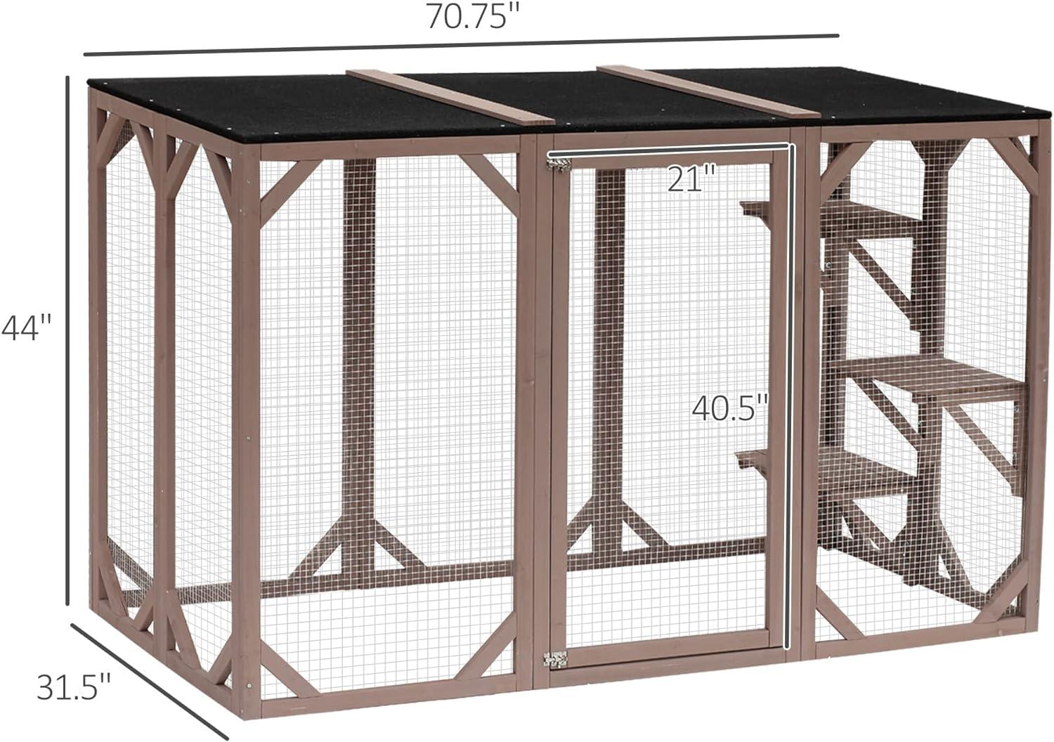 PawHut Wooden Outdoor Cat House Catio Kitten Enclosure Indoor Cage with Asphalt Roof, Multi-Level Platforms and Large Enter Door - 71"L