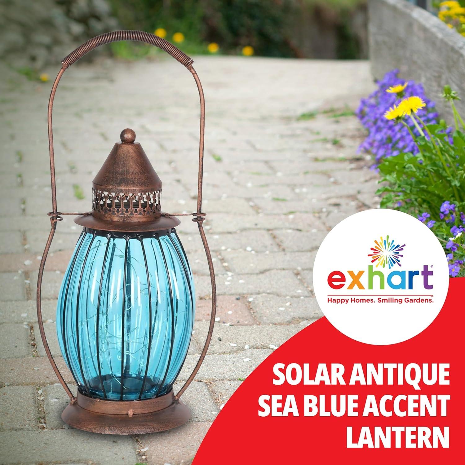Exhart Exhart Solar Antique Metal and Glass Accent Lantern with Fifteen LED Fairy Firefly String Lights, 7 by 14"