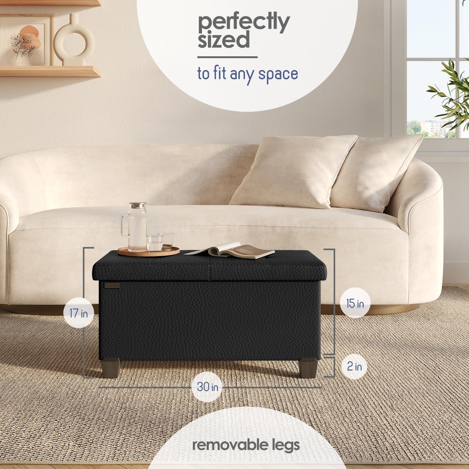 STORAGEBUD Storage Ottoman Bench with Bins, 30-in Storage Bench for Bedroom End of Bed, Folding Foot Rest Ottoman for Living Room Max 660lbs, Faux Leather Ottomans, Black