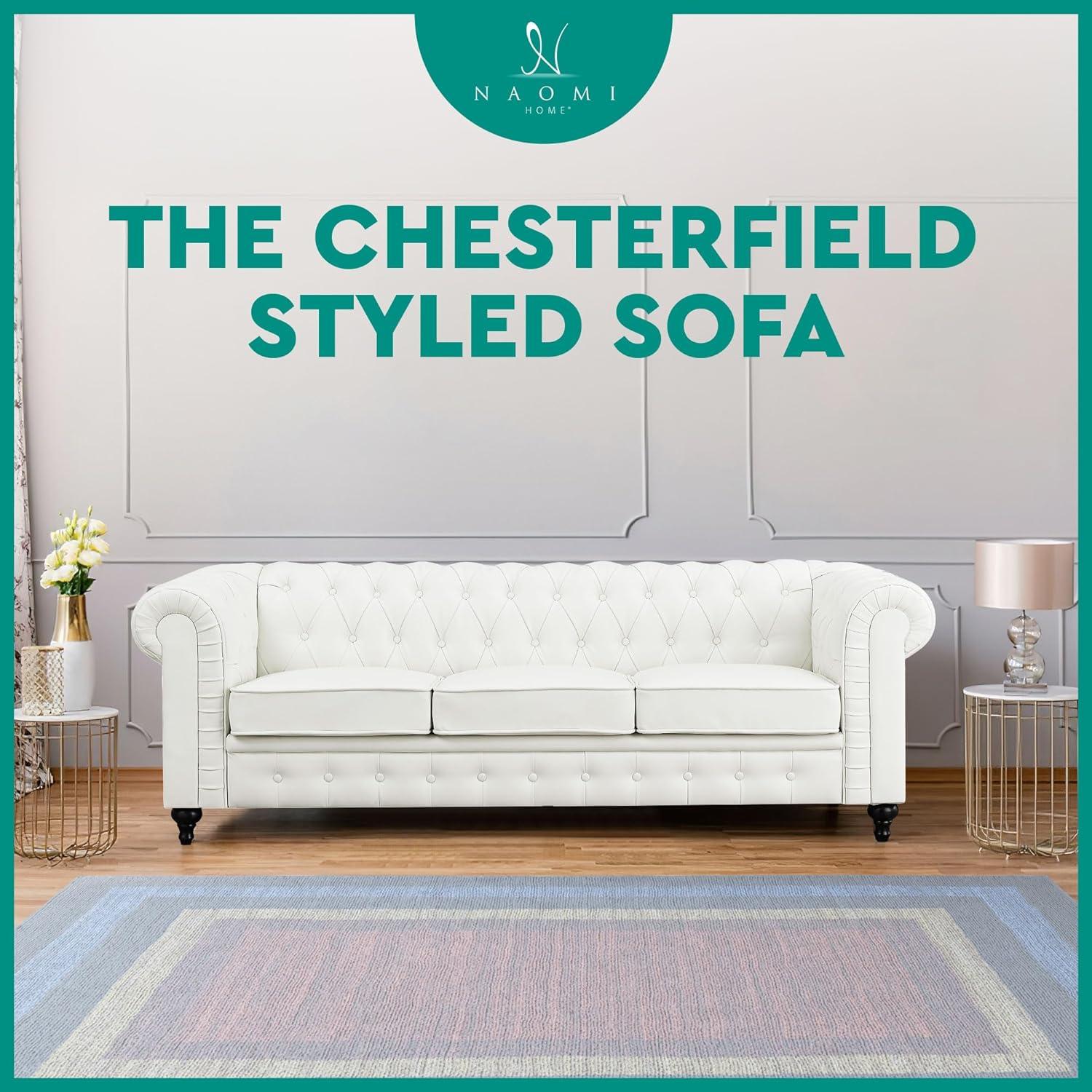 Emery Chesterfield Sofa, Luxurious Comfort for Cozy Living Rooms, Mid-Century Modern couch, Elegance & Serenity, 3-Seater Sofa White,PU