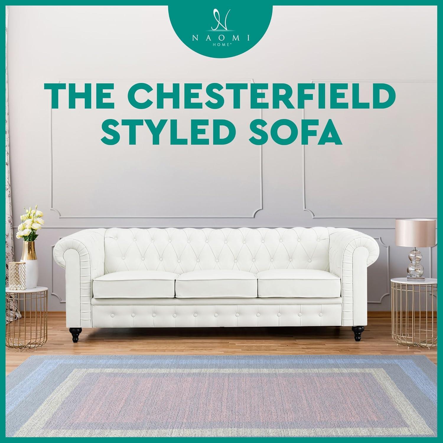 Emery Chesterfield Sofa, Luxurious Comfort for Cozy Living Rooms, Mid-Century Modern couch, Elegance & Serenity, 3-Seater Sofa White,PU