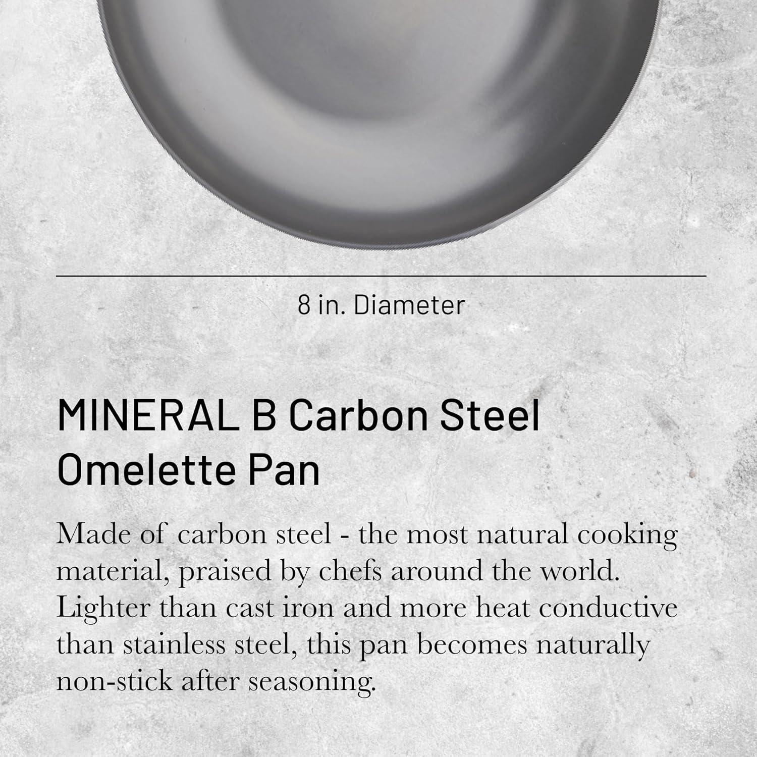 De Buyer MINERAL B Carbon Steel Omelette Pan - 8” Diameter, 6.9” Cooking Surface - PFAS, PFOA & PFOS Free - Made in France