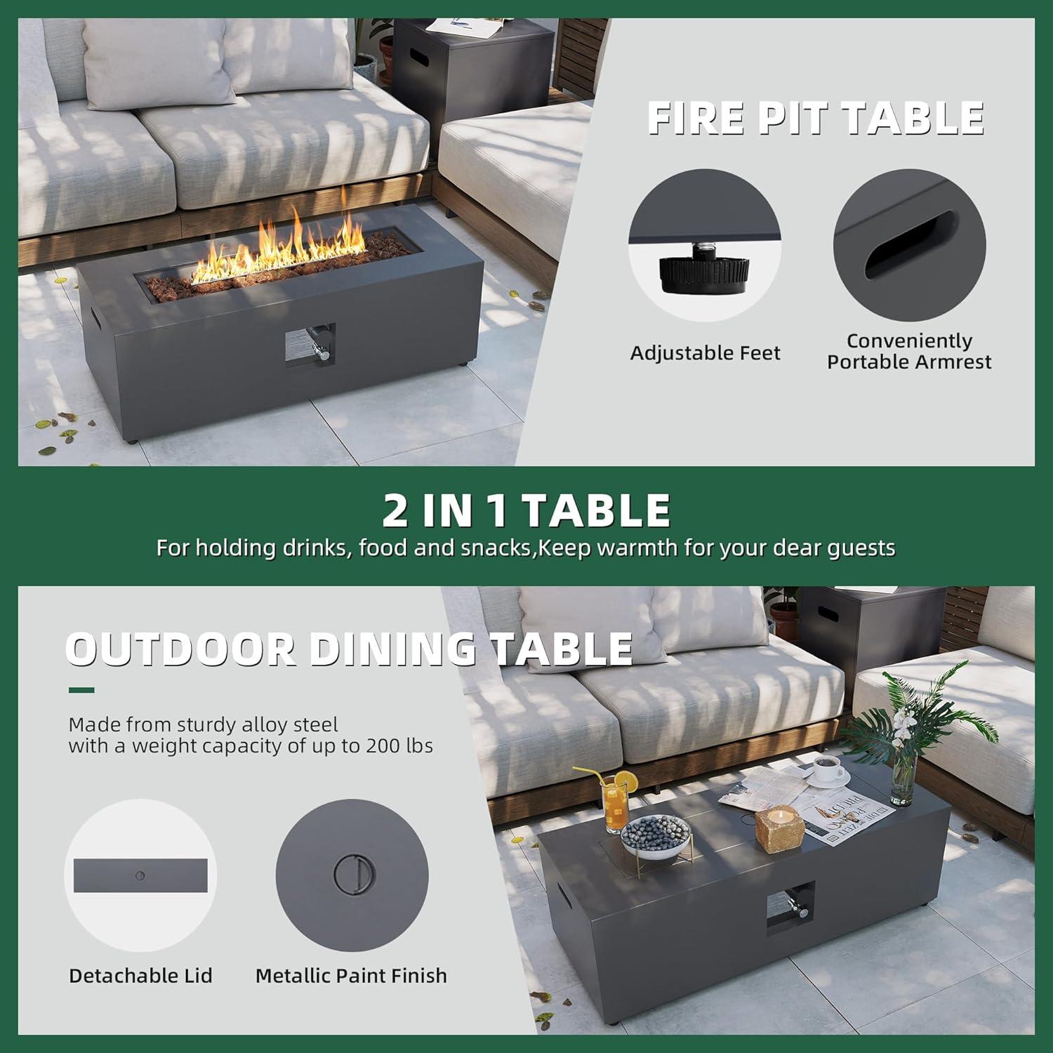 UPHA 42-inch Outdoor Propane Rectangle Fire Pit Table 50000 BTU Iron Gas FirePit for Outside Patio with Tank Cover, Removable Lid, Lava Rocks, Rain Cover, Grey