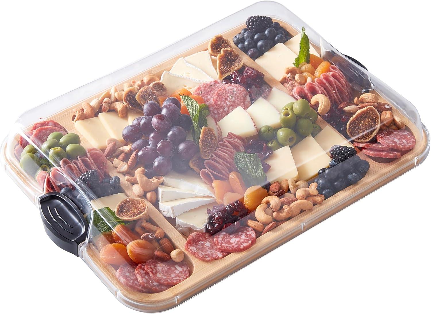 Farberware 12"x16" Build-a-Board Charcuterie 3 pocket Bamboo Board with Locking Lid/ Black Handle