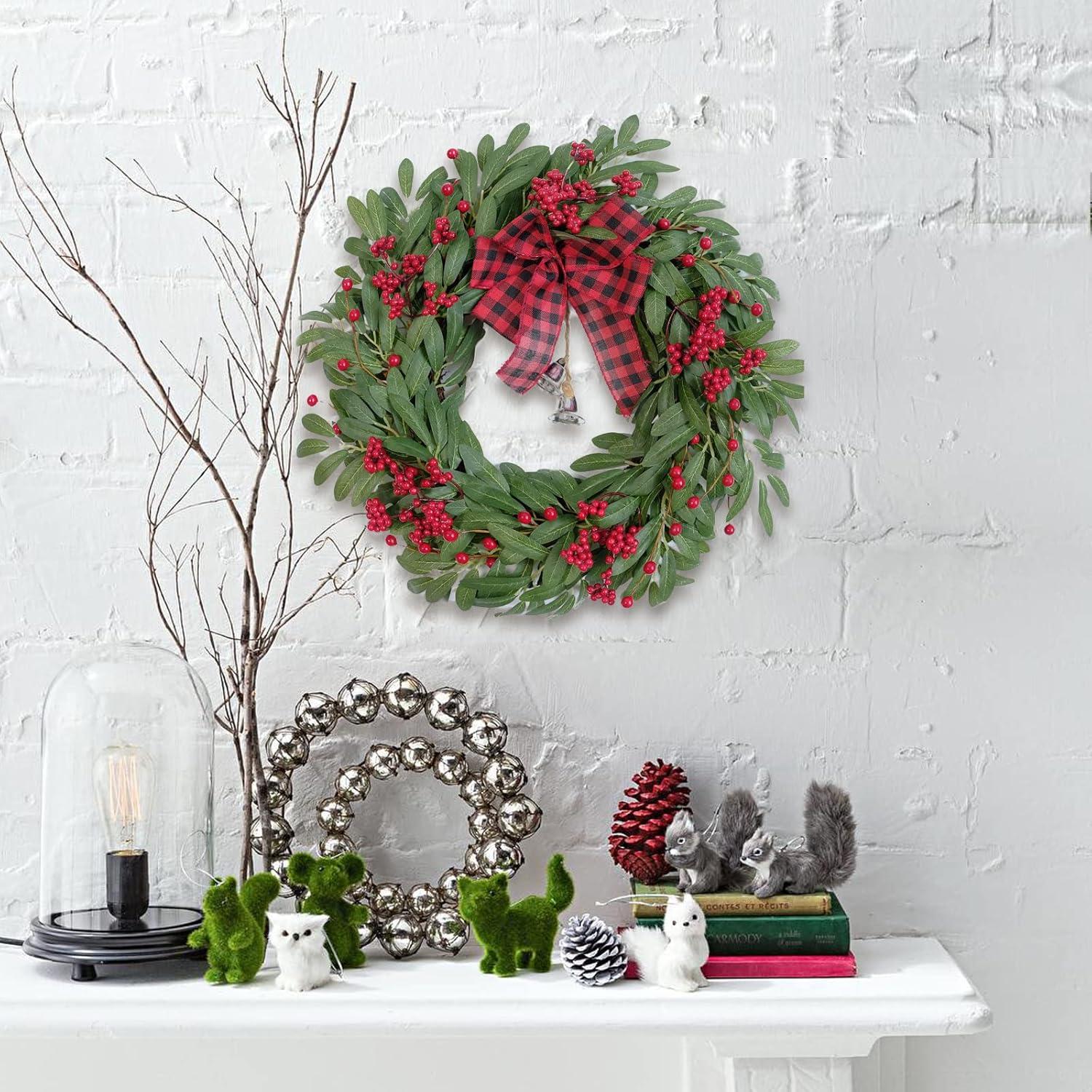 Christmas Olive Wreath For Front Door Christmas Red Berry Wreath, Winter Bowknot Leaves Wreath With Red Berry And Jingle Bell Farmhouse Front Door Wreath