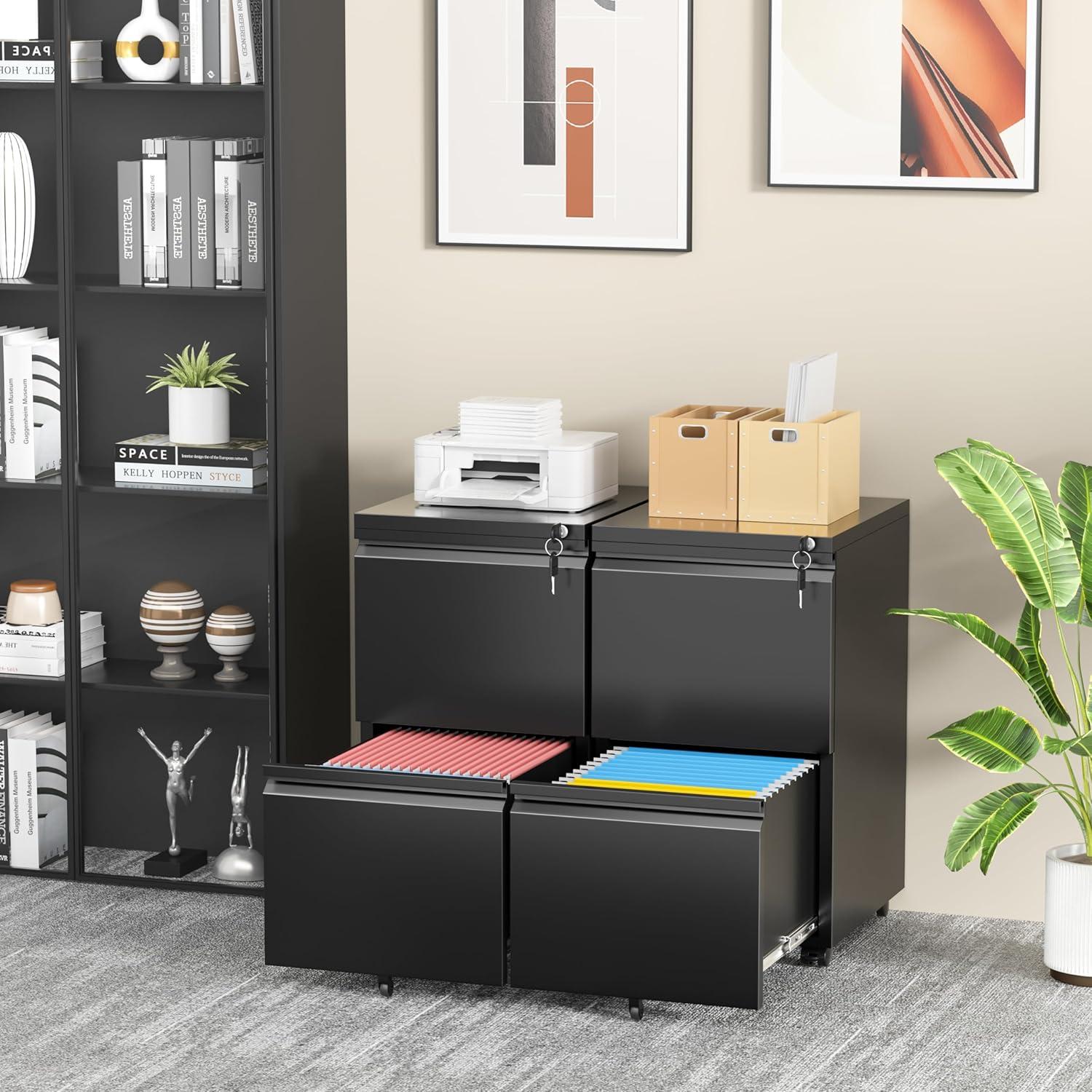 Black Metal 2-Drawer Lockable Mobile Filing Cabinet