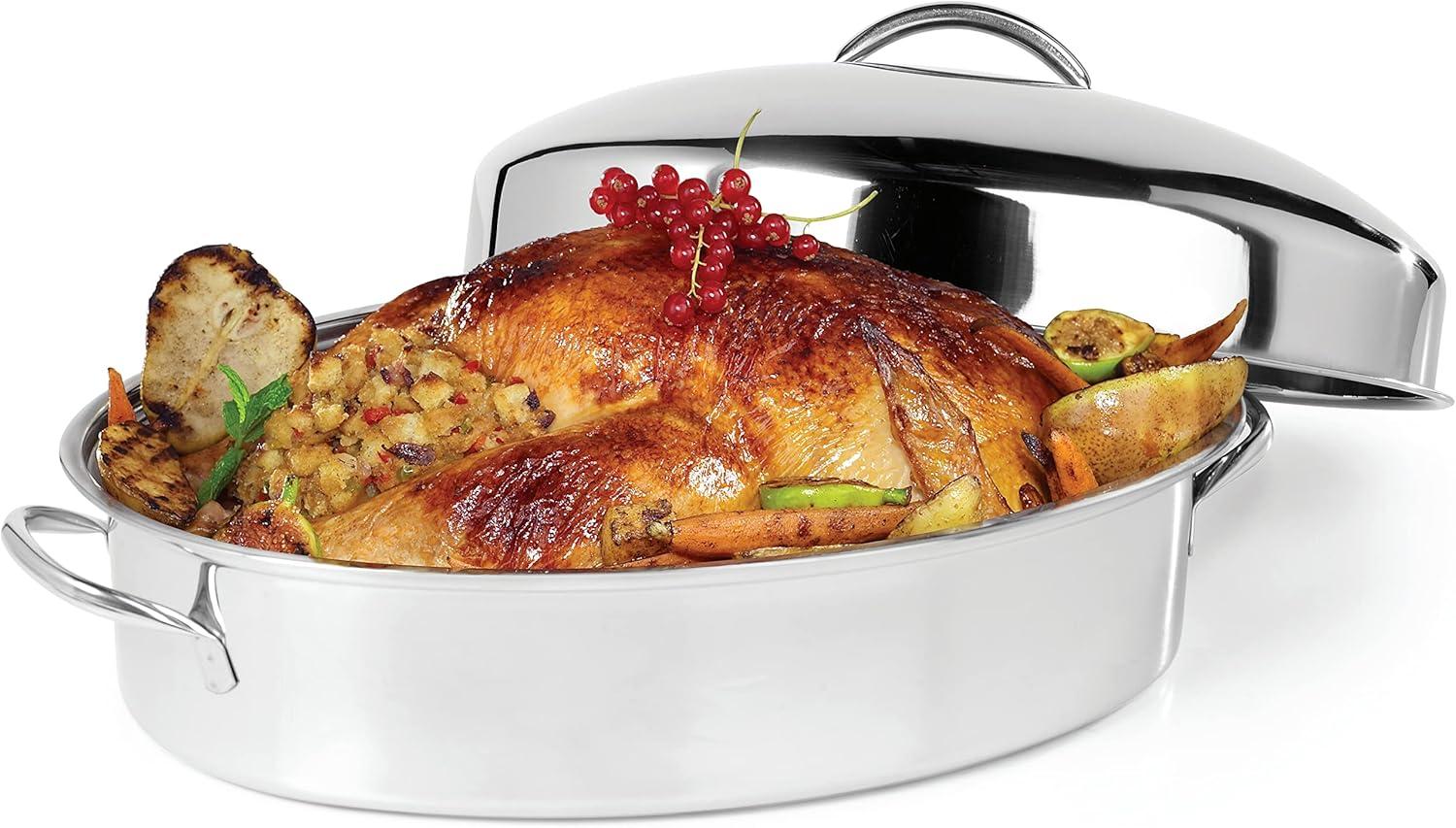 16-Inch Silver Oval Roasting Pan with Lid and Rack