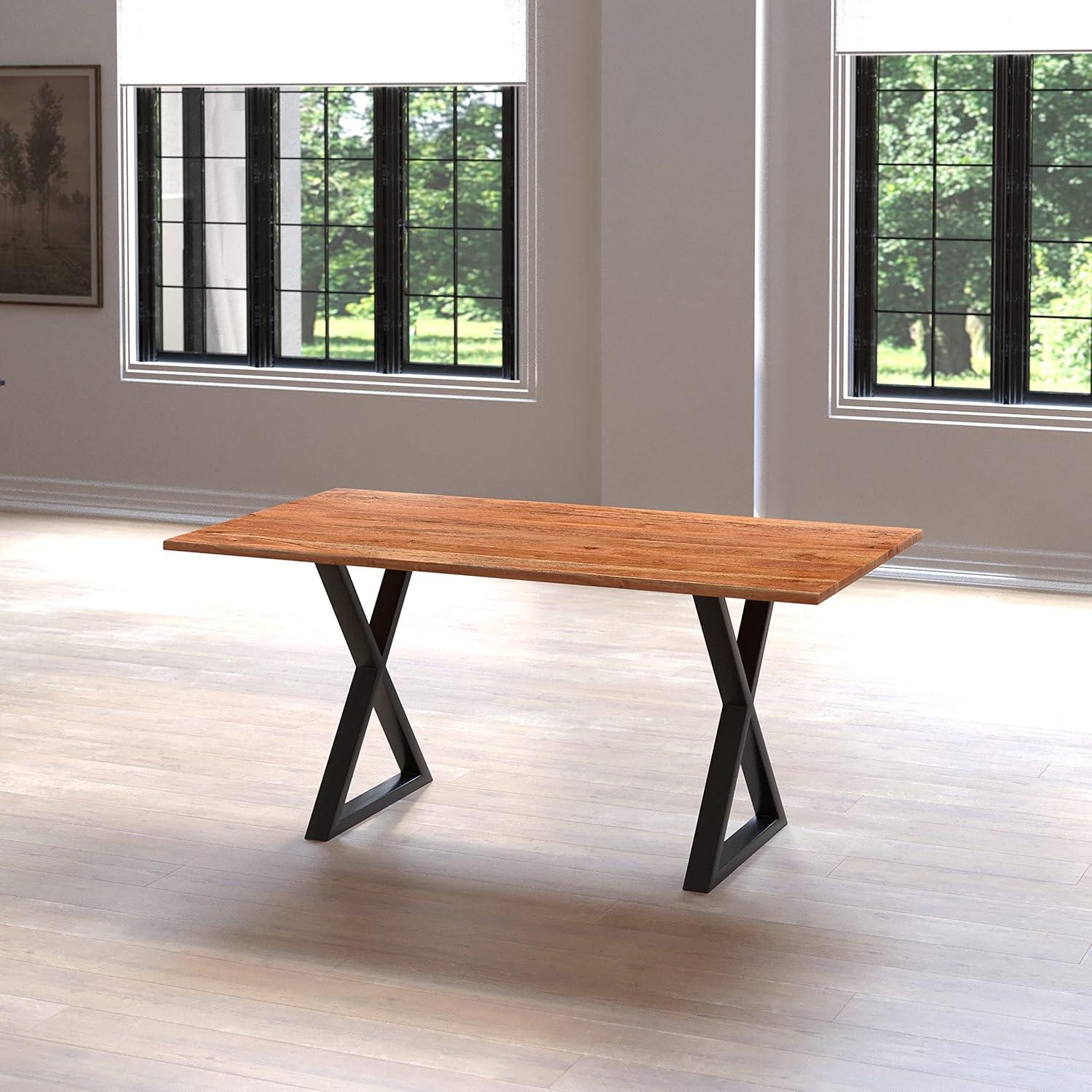 67-Inch Natural Brown Acacia Wood Dining Table with Black Iron Legs