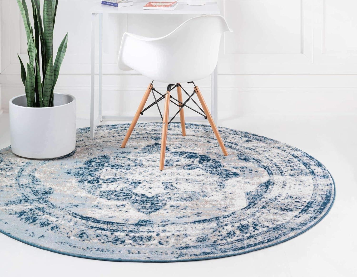 Reversible Round Blue and Light Blue Medallion Synthetic Rug