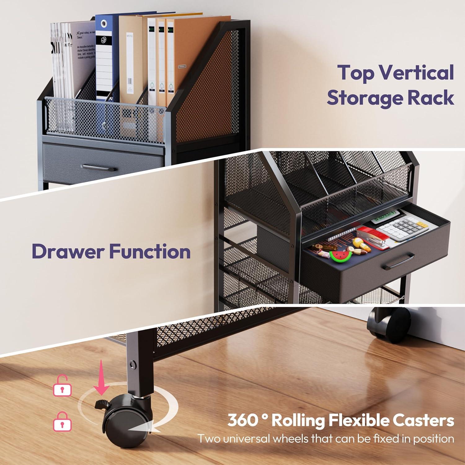 SWTYMIKI 9-Tier Rolling File Cart - Paper Organizer with Drawer and Trays, Wood Desk Office Organizer, Office Organization and Binder Storage for Workspace, Home, School, Black