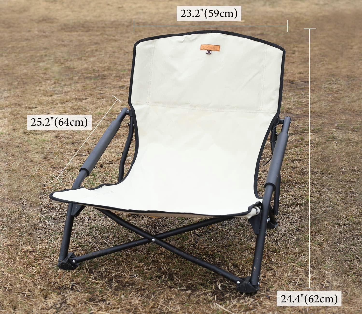 Beige Low Beach Camping Chair with Padded Armrests