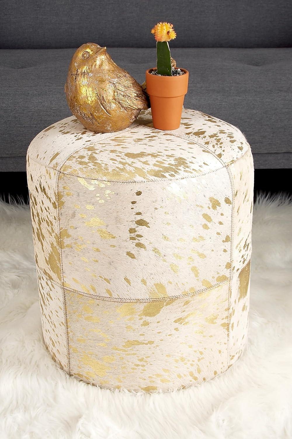 DecMode 16" x 17" Gold Leather Handmade Stool with Gold Foil Paint, 1-Piece