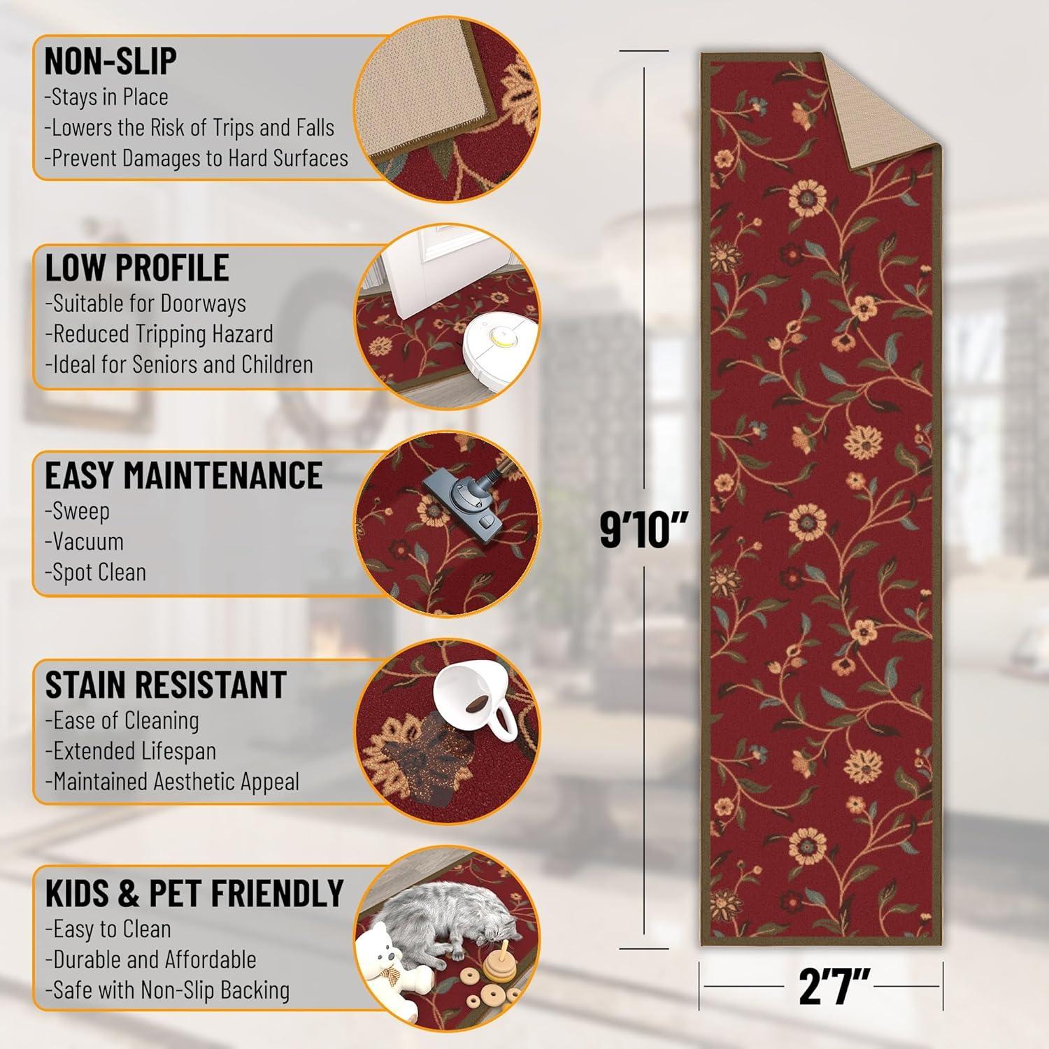 Ottohome Non-Slip Floral Leaves Area Rug For Living Room, Hallway, Entryway Rug, Dark Red