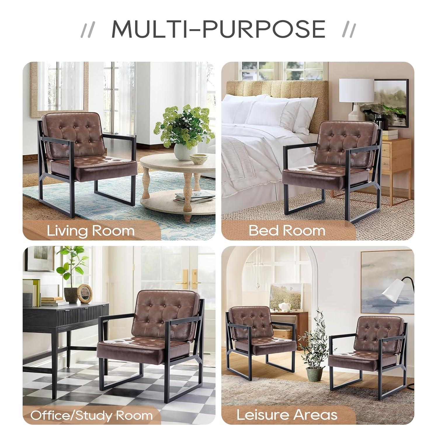 COLAMY Mid Century Modern Accent Chair, Comfy Living Room Chairs, Brown Leather Accent Chair, Faux Leather Reception Armchair with Metal Legs for Living Room Bedroom Reception Waiting Room, Brown