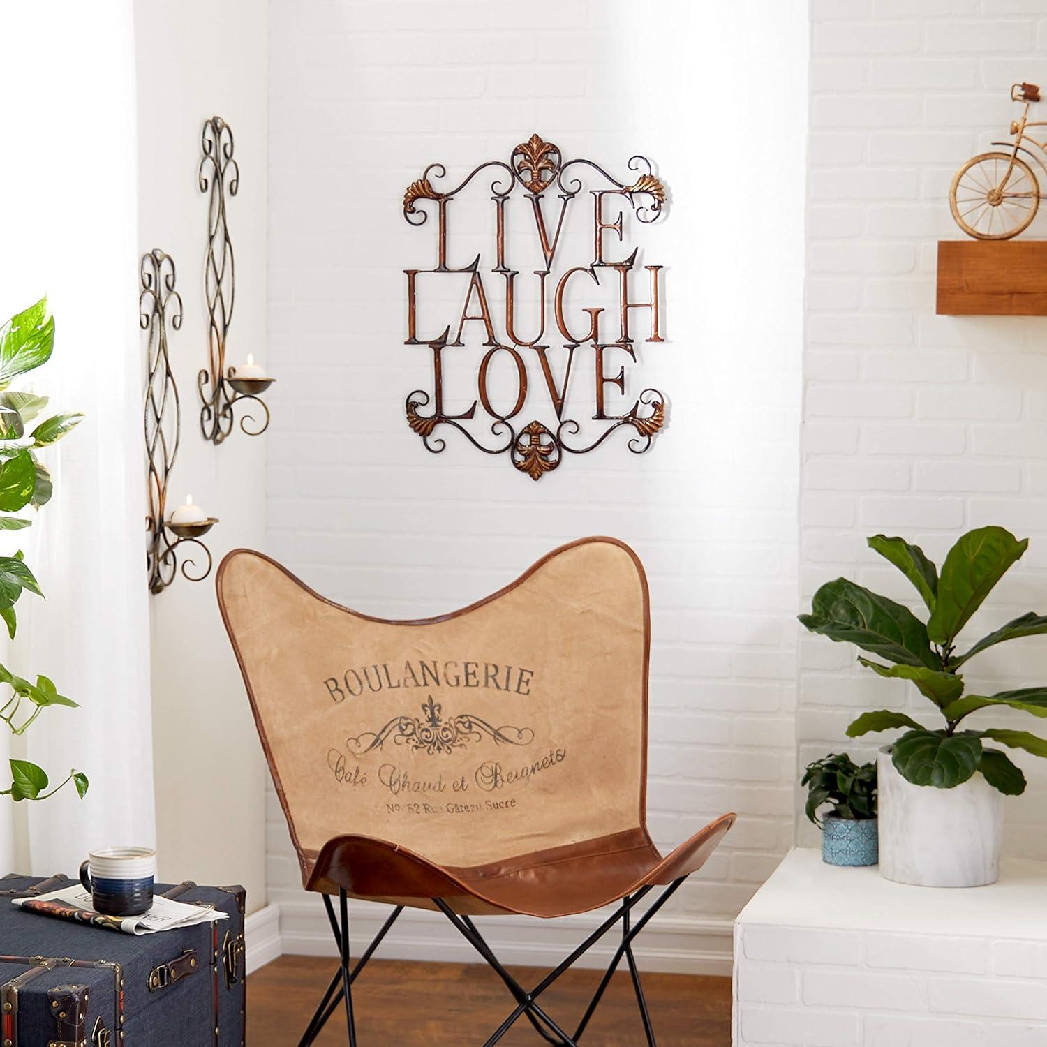 Deco 79 Metal Sign Live Love Laugh Wall Decor with Scrollwork, 21" x 1" x 28", Brown