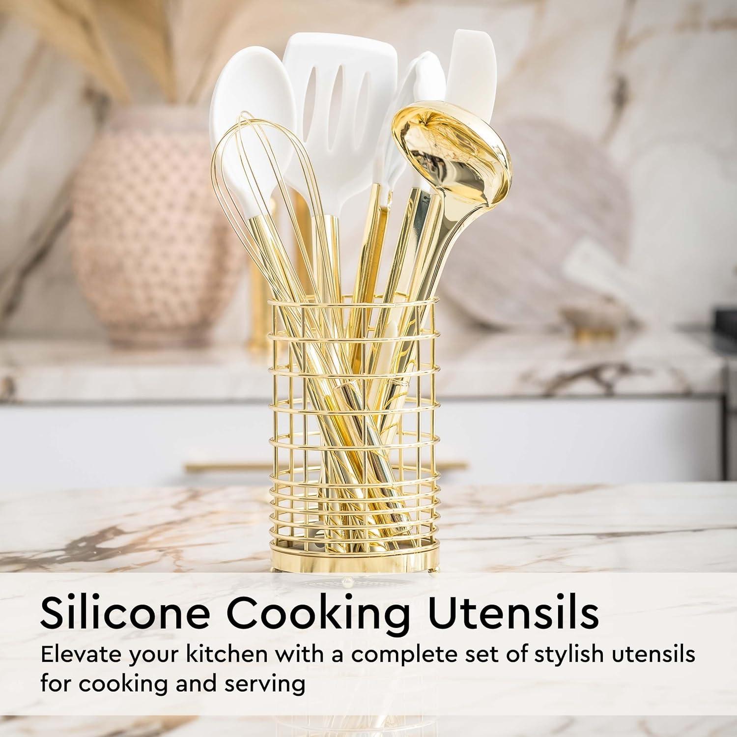 White and Gold Kitchen Utensils Set - 23 Piece Luxe White and Gold Kitchen Accessories Include Gold Measuring Cups and Spoons, White Silicone and Gold Cooking Utensils, White and Gold Kitchen Tools