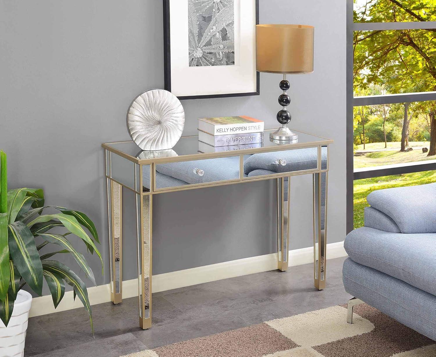 Chic Champagne Mirrored 2-Drawer Console Desk with Crystal Knobs