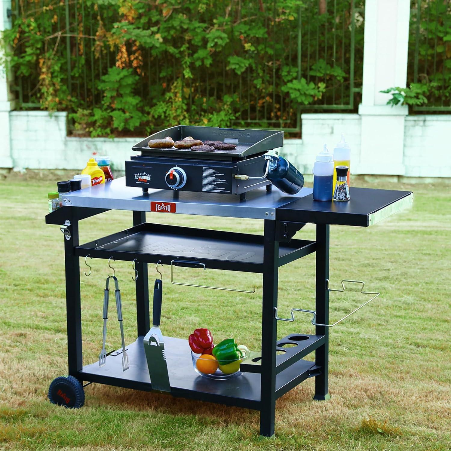 50 in. Three-Shelf Stainless Outdoor Movable Food Prep Grill Cart Table with Fordable Side Table