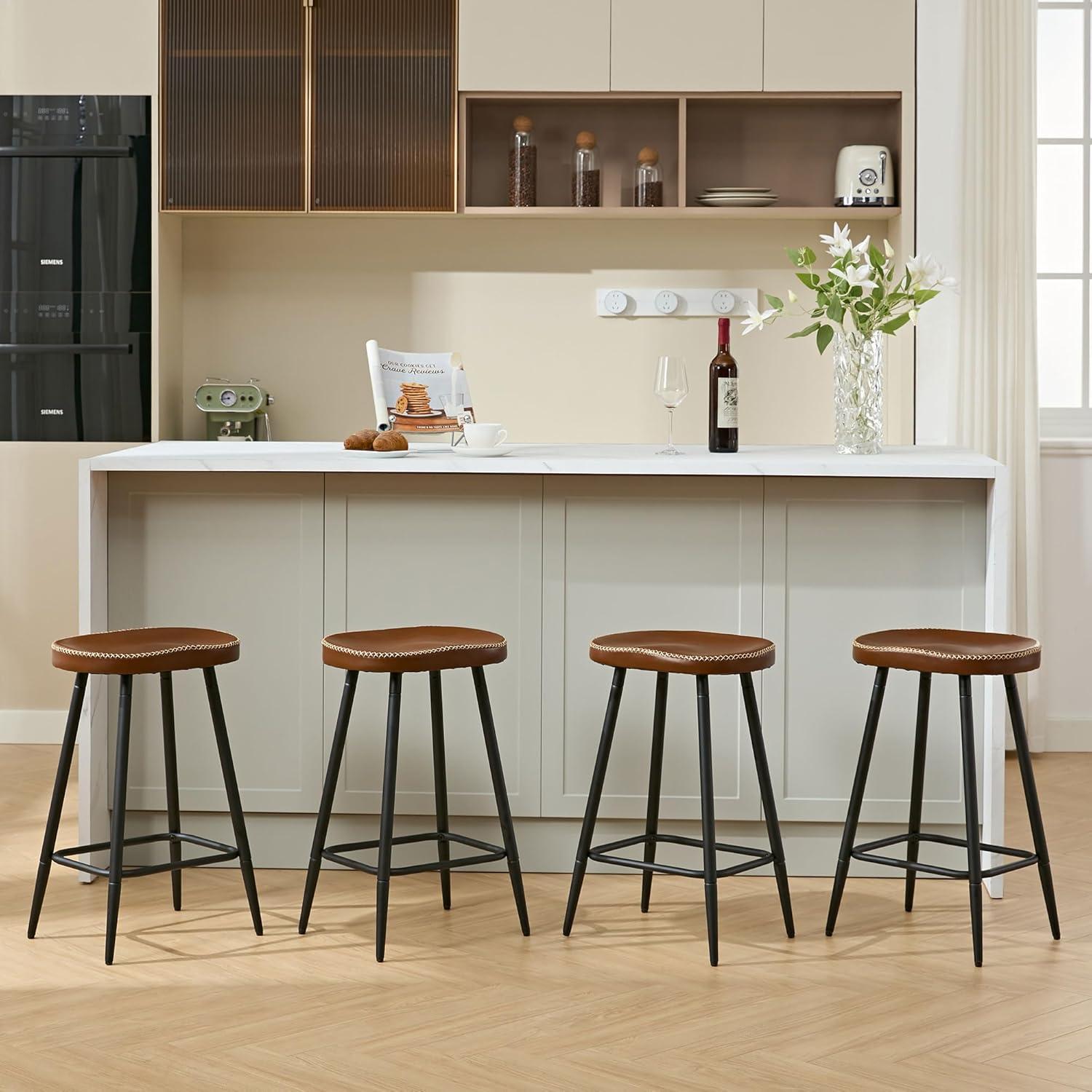 Adjustable Brown Faux Leather Saddle Bar Stools with Metal Legs