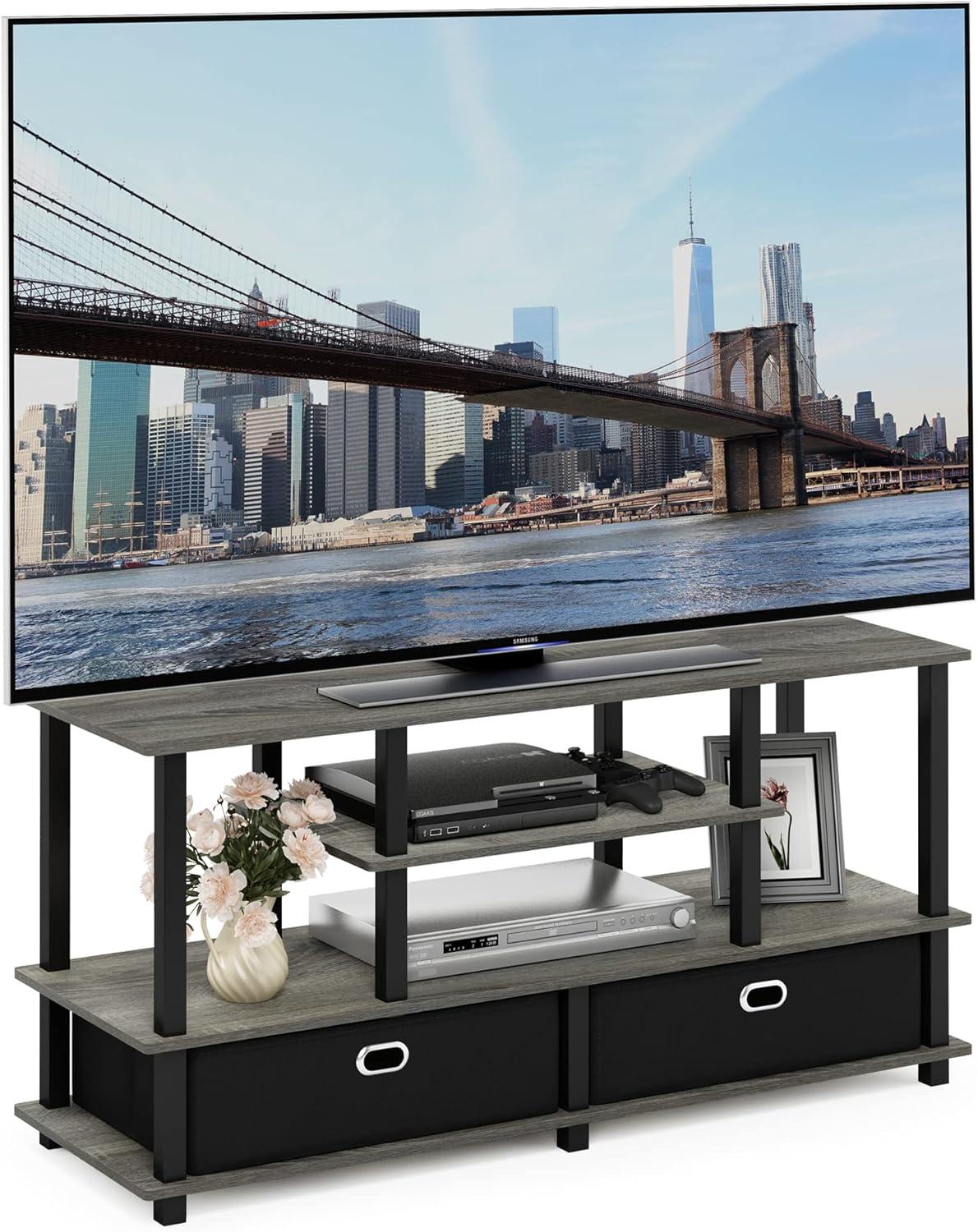 Furinno JAYA Large TV Stand for up to 55-Inch TV with Storage Bin, French Oak Grey/Black