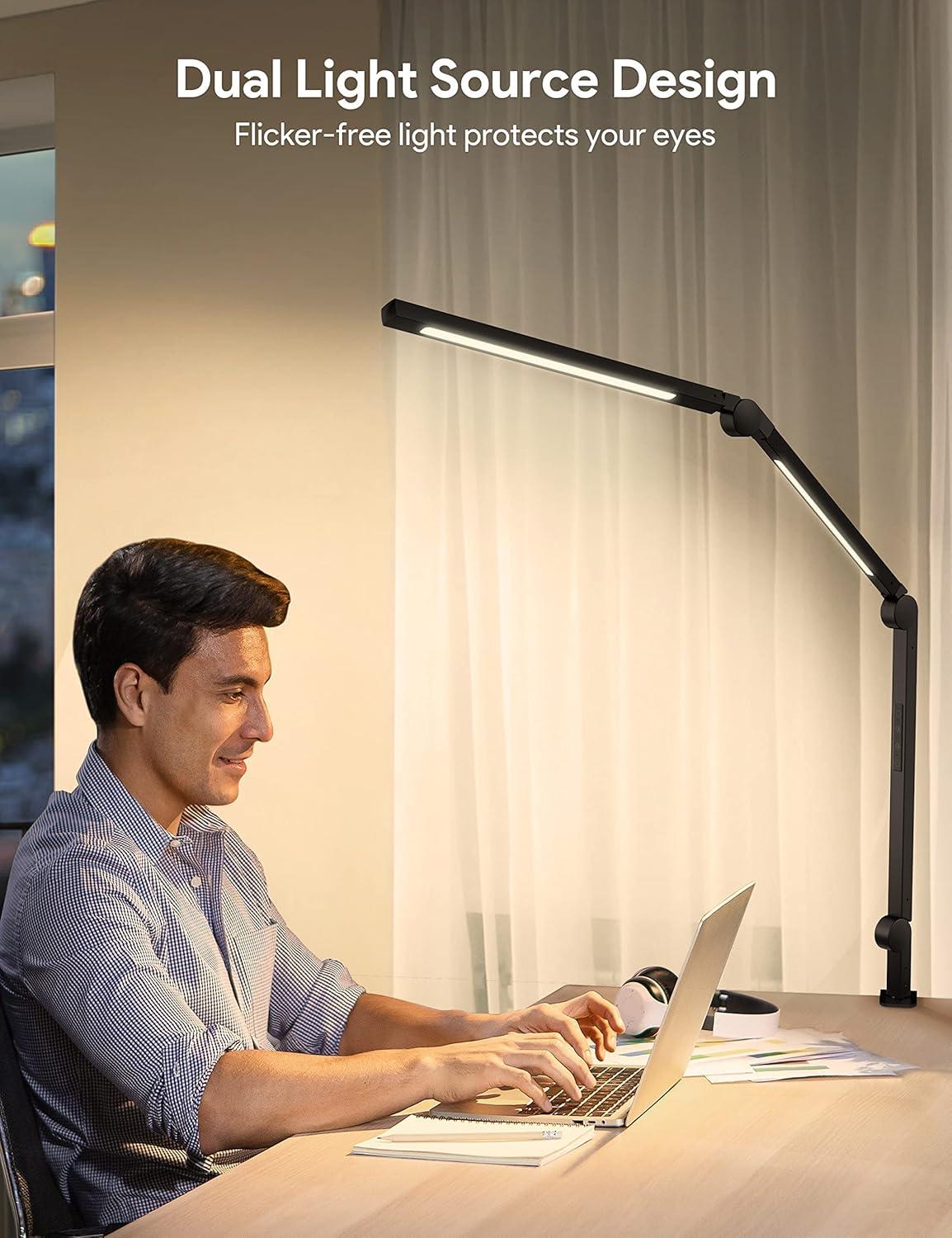 LED Desk Lamp with Clamp, Architect Desk Lamp with Dual Light and Adjustable Swing Arm, Clip-on Eye-Care 4 CCT Modes & 5 Brightness Levels Table Light Modern Desk Light for Home Office