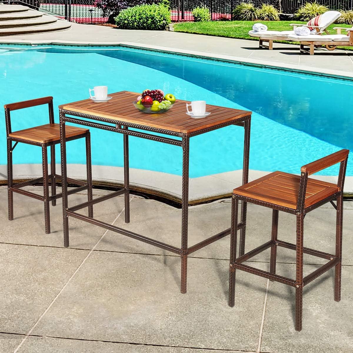 Brown Acacia Wood and Steel 3-Piece Patio Bar Set