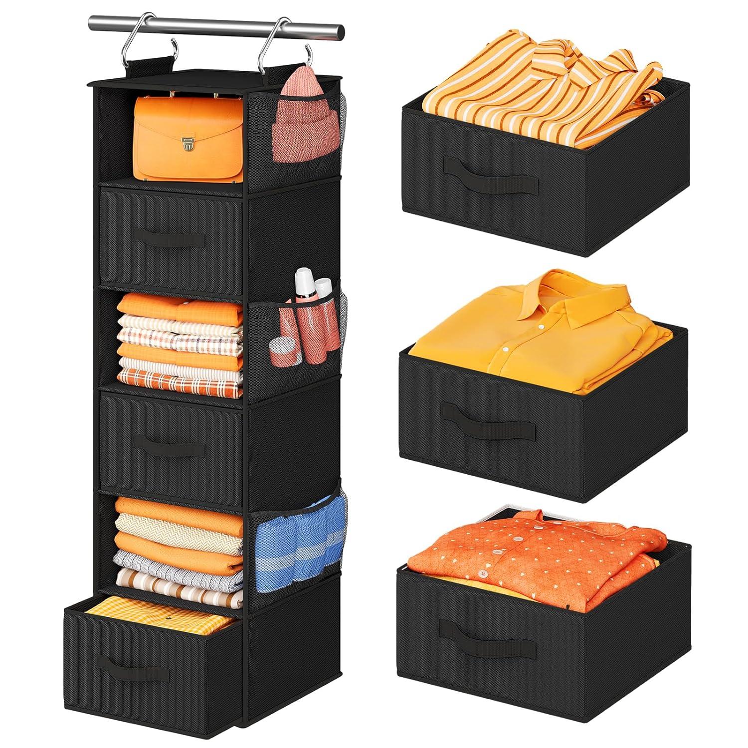 Rebrilliant Hanging Closet Organizer 6-Shelf with 3 Removable Drawers & Side Pockets
