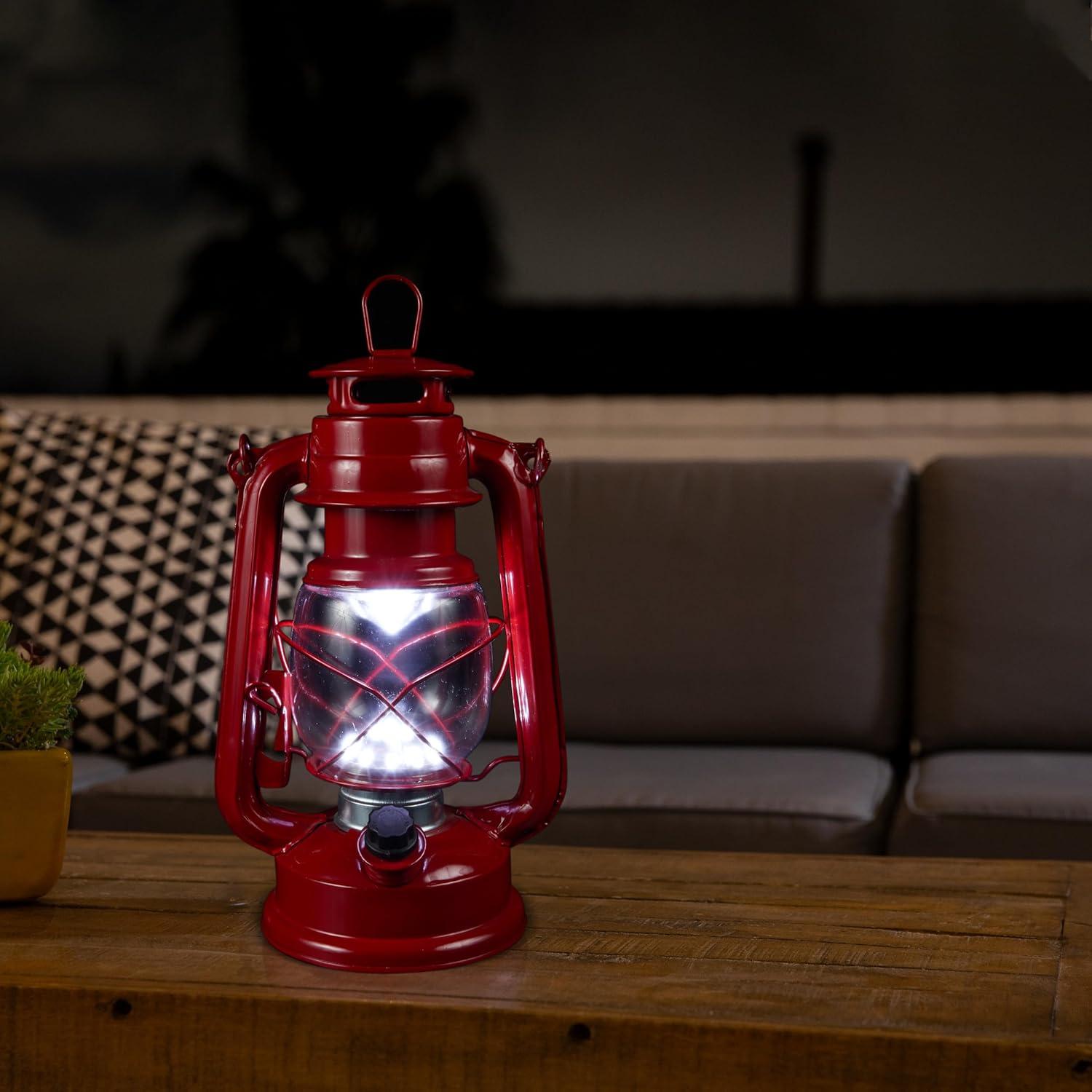 Alpine Corporation 6" x 5" x 9" Metal Hurricane Lantern with Battery-Powered LED Light, Red