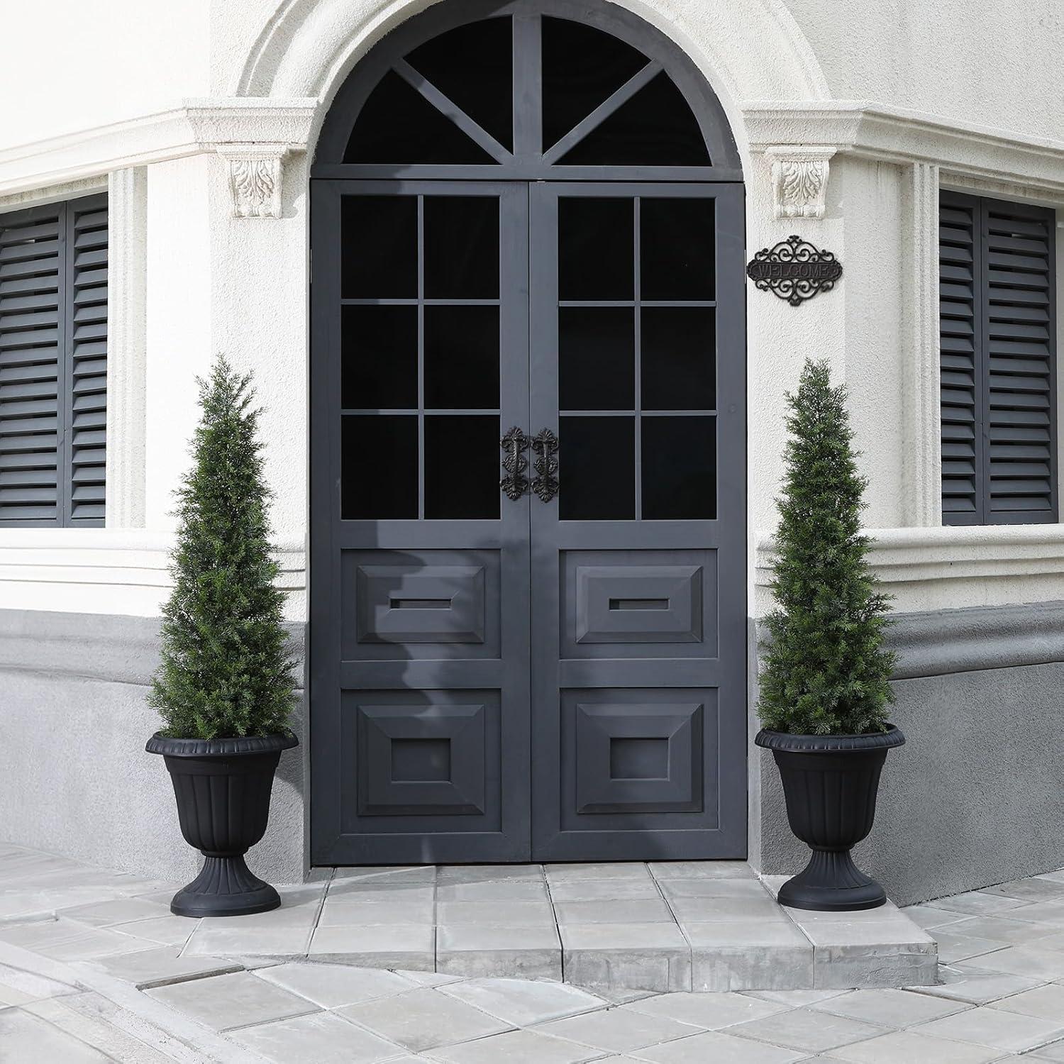 5ft Artificial Cedar Topiary Trees for Outdoors, Fake Cypress Plants with Solar Light String, Faux uv resistant Plants for Home Front Porch Decor, Housewarming Gift