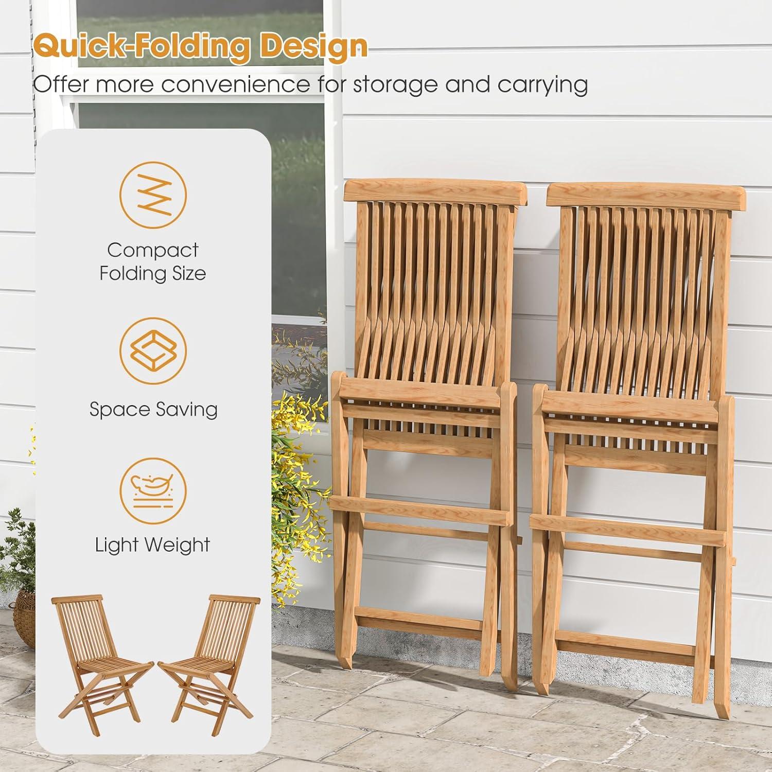 YYAo Folding Outdoor Chair, Folding Chair, Portable Dining Chair, Set of 2 Teak Patio Folding Chairs with High Back and Slatted Seat