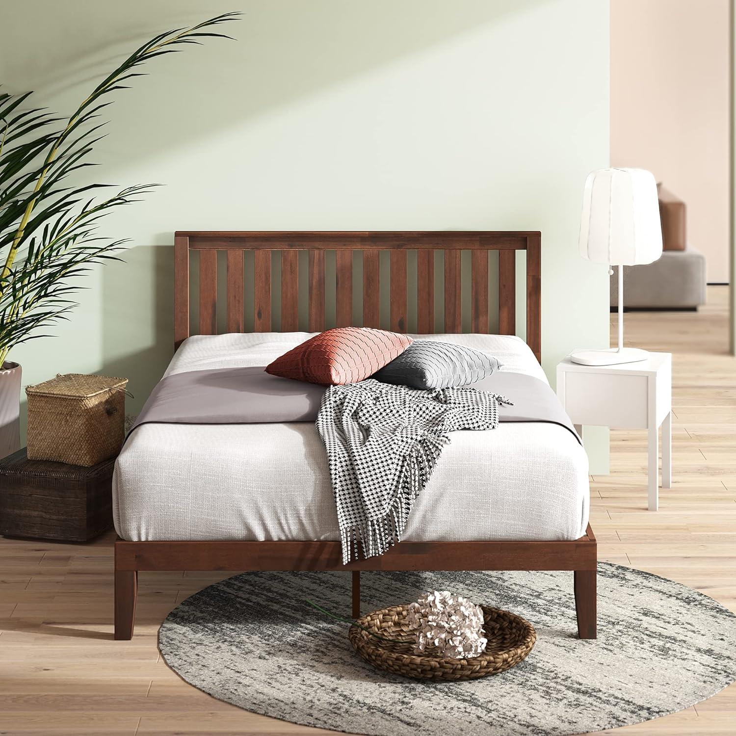 Queen Pine Wood Platform Bed Frame with Headboard and Slats