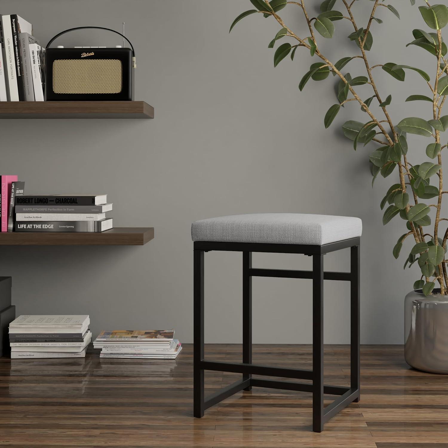 HomePop 24" Open Back Metal Counter Height Barstool Light Gray: Upholstered Square Seat, No Assembly Required