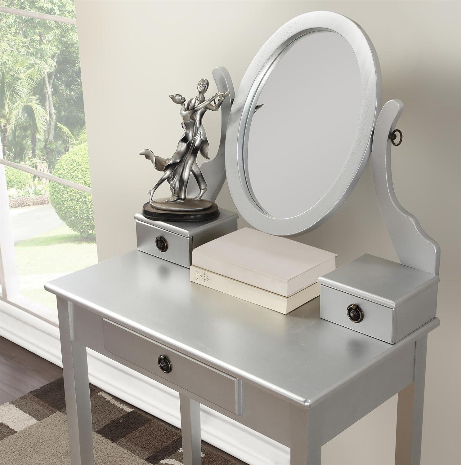 Roundhill Furniture Moniya Wood Makeup Vanity Table and Stool Set, Silver