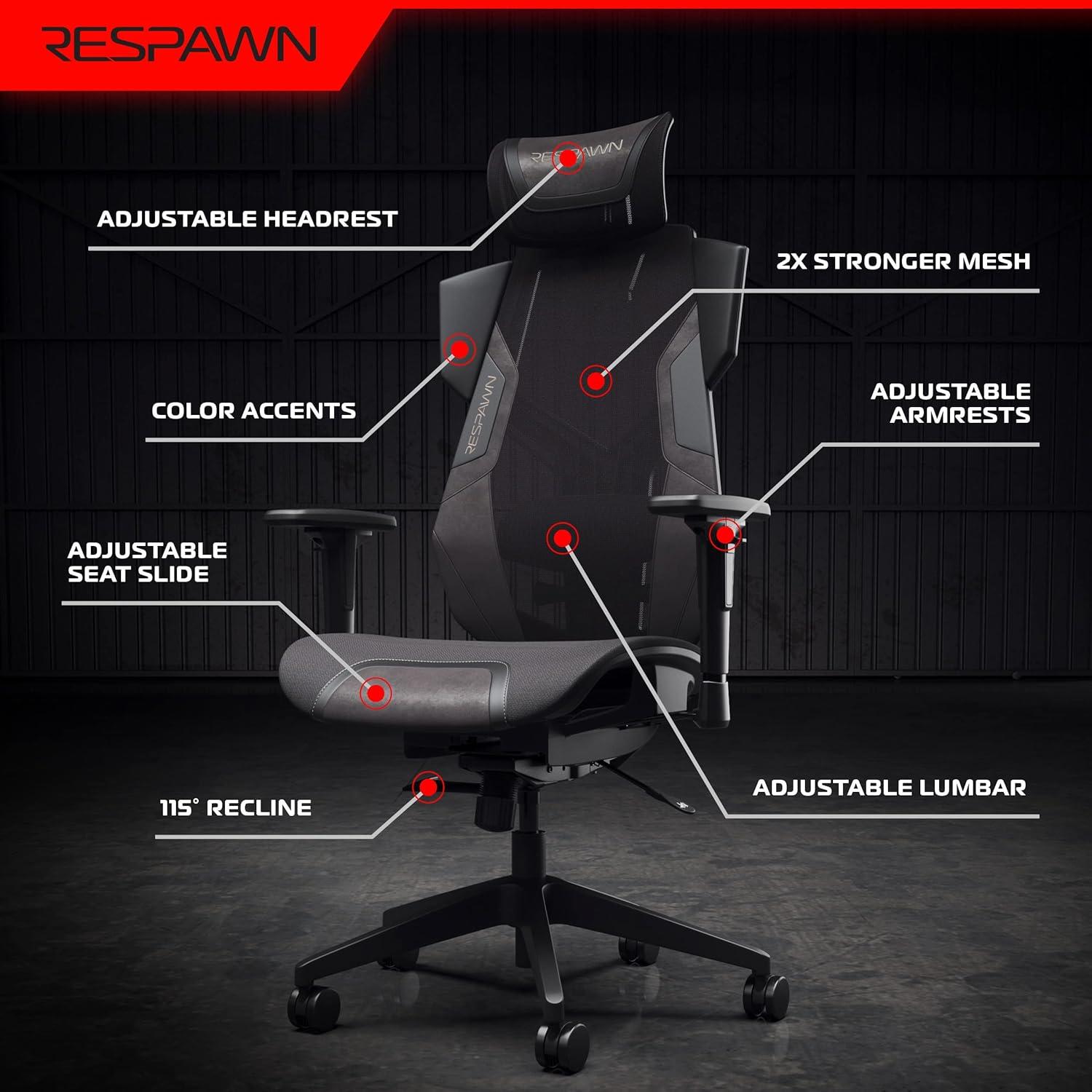 RESPAWN FLEXX Mesh Gaming Chair With Lumbar Support, Ergonomic Gaming Chair with Recline/Tilt Tension Controls, Adjustable Arms, 300lb Max Weight With Wheels for Computer/Desk/Office